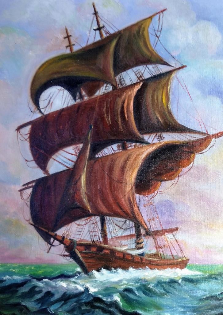 Vintage Nautical Decor Art Oil Painting Sailing Ship Seascape Ocean Framed Art