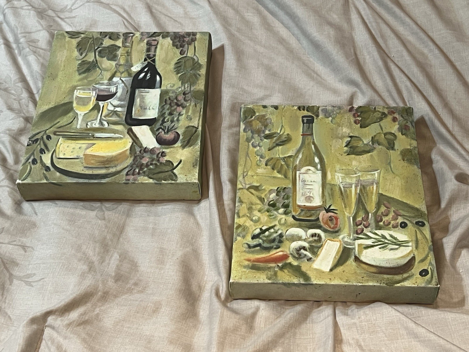 Set Of 2 Stretched Canvas Oil Paintings 8 x 10 Fruit Wine Art Italian Matte
