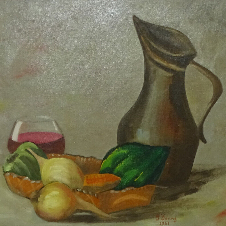 1961 Still Life Oil Painting O/B G.Young Ewer Vegetables Glass of Wine Framed