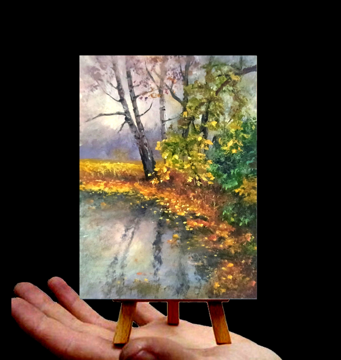 Original Autumn river ACEO Fall leaves trees oil painting signed