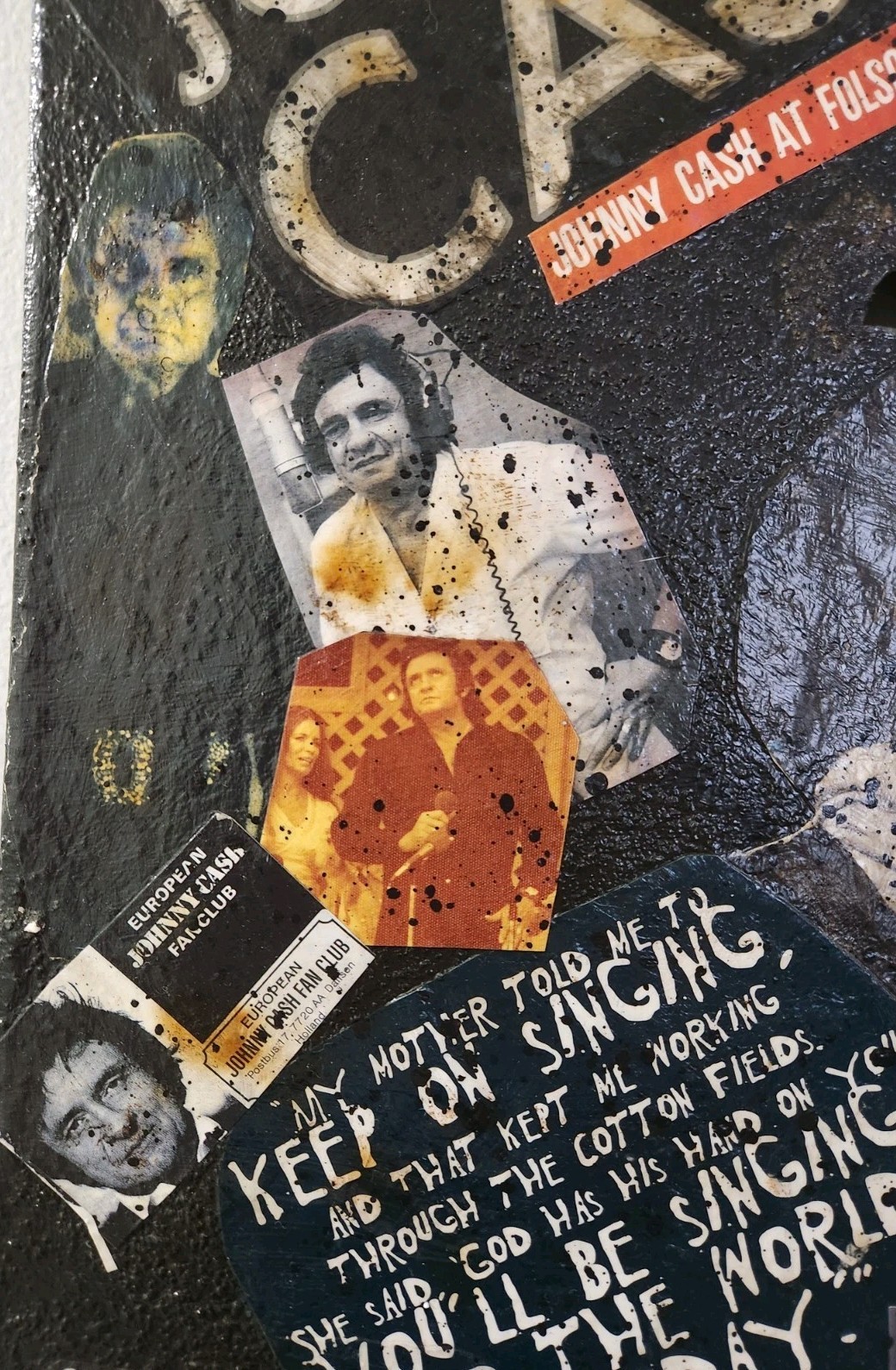 Large Johnny Cash Acrylic Paintin Collage Art. Heavily Textured & Burned! 16X20