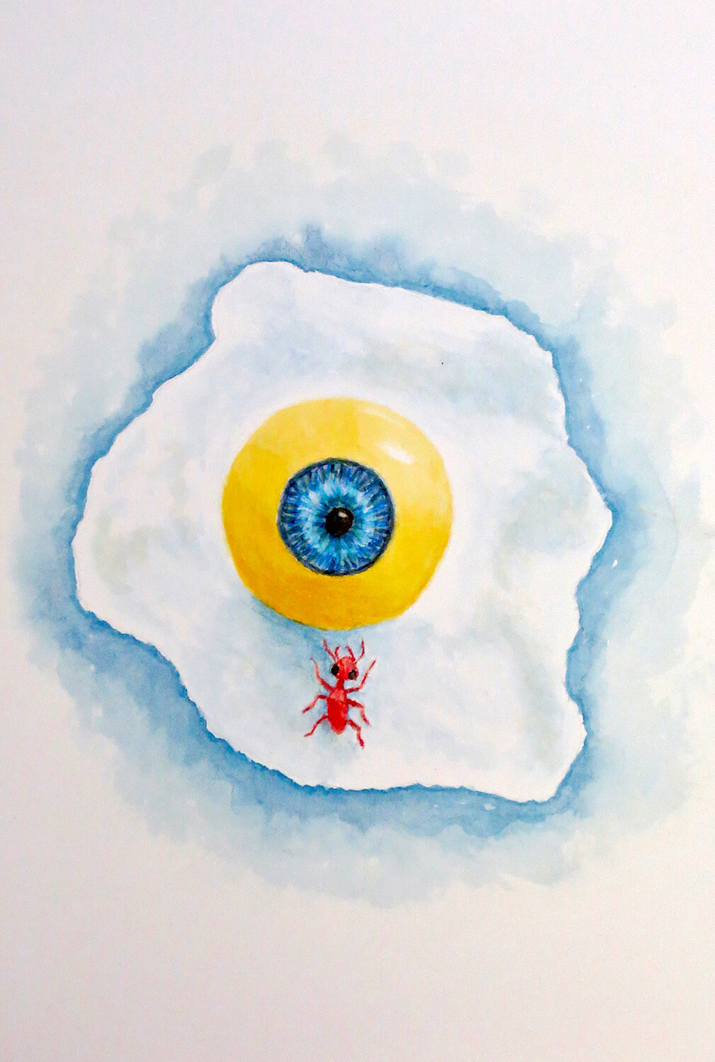 Original Watercolor Painting Fried Egg Watching a Creepy Red Ant Addison 6 x 9