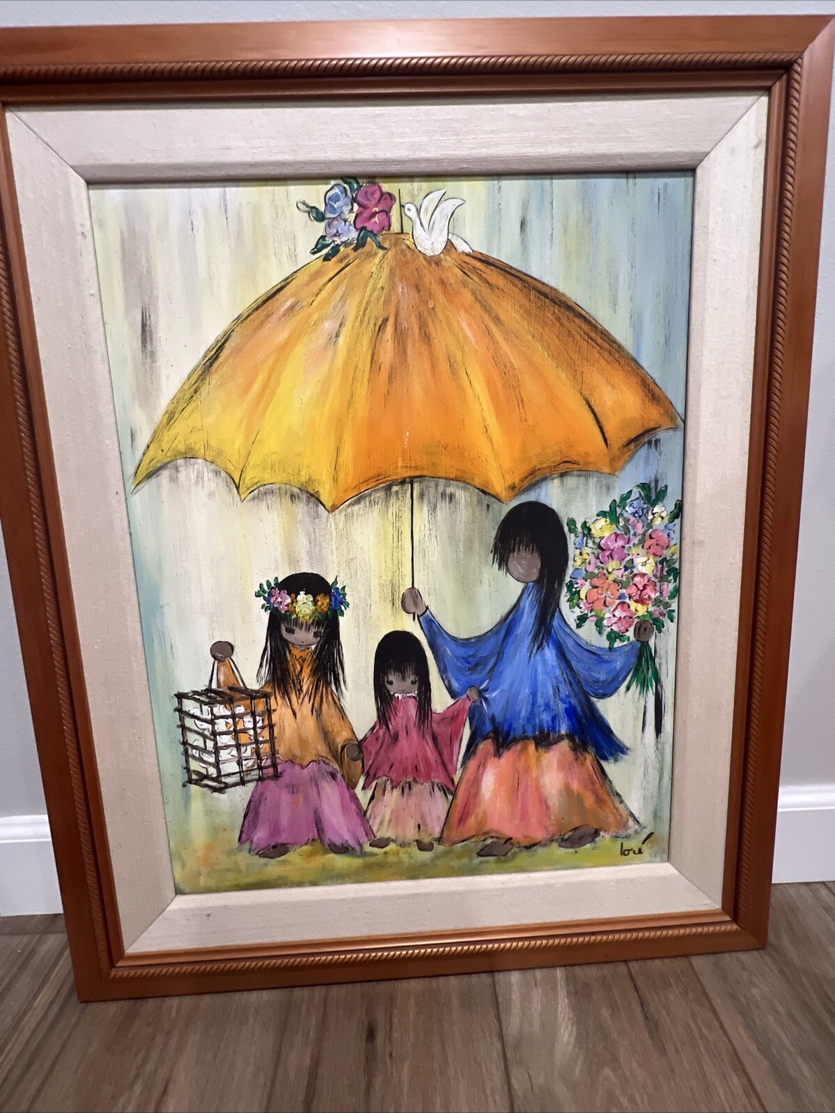 Rare Original Painting Signed By Lori Large Yellow Umbrella 3 Girls