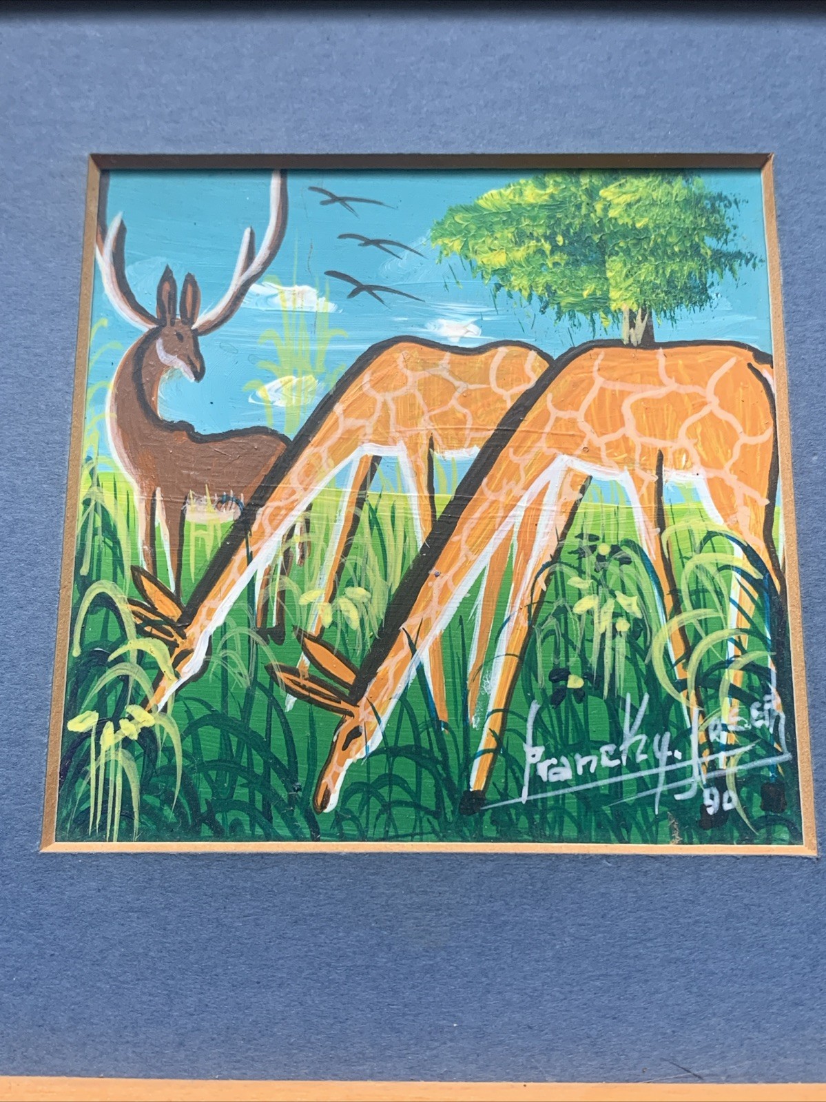 Handpainted Artist Signed Authentic Caribbean Art 1990 Giraffes Antelope Matted