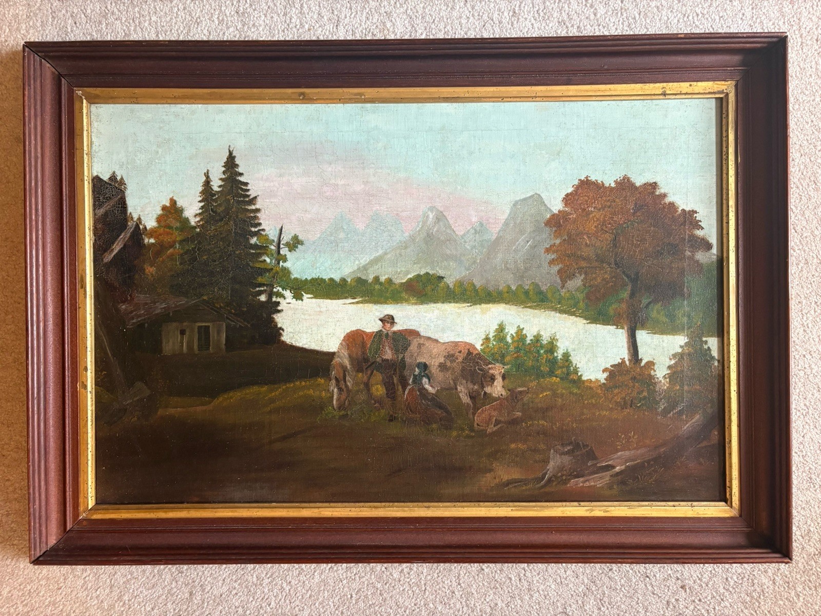 19th Century Original Landscape Oil Painting, Cows, Framed