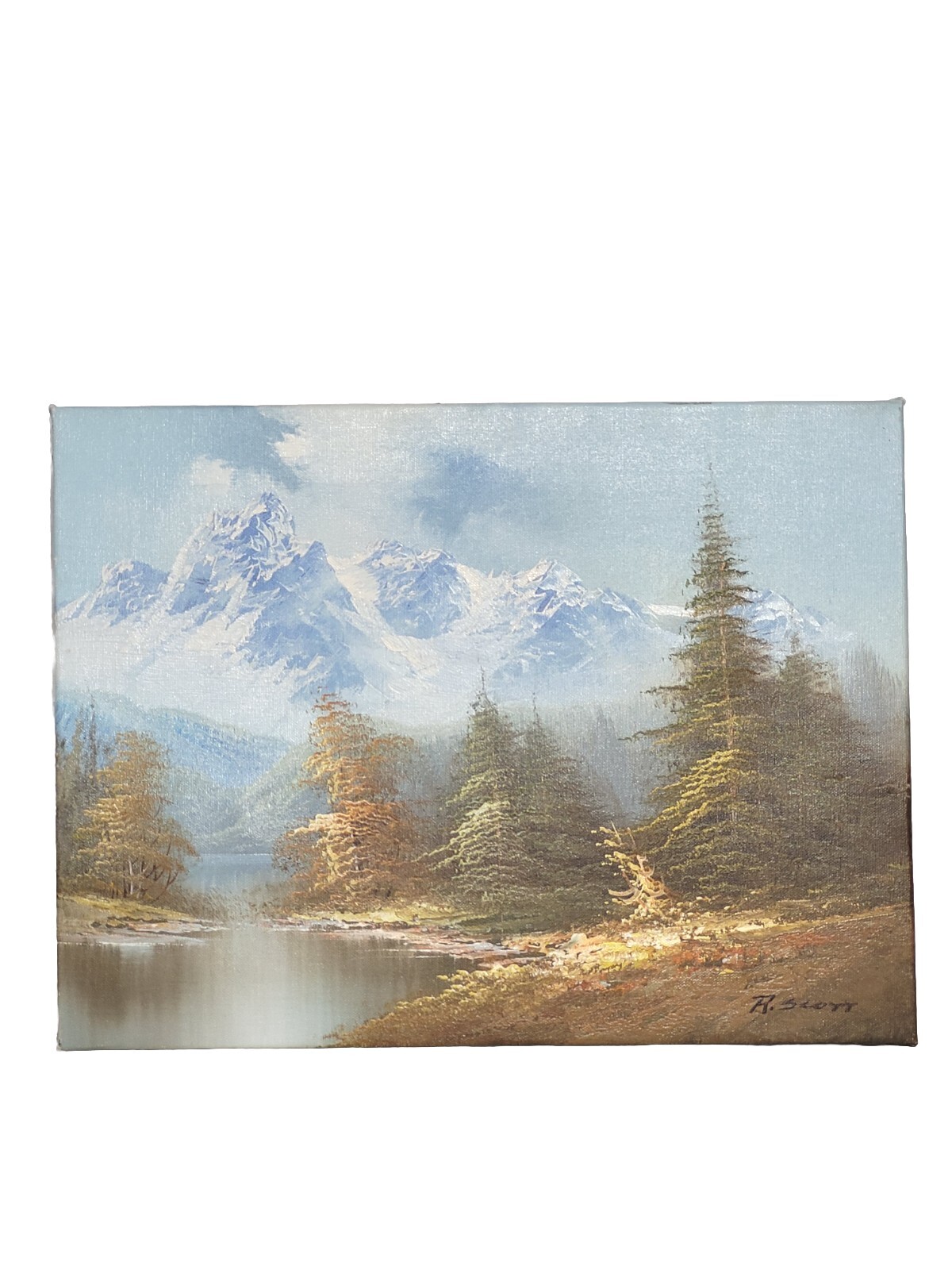 Canvas Oil Painting Landscape Signed By R. SCOTT 16″×12″ Mountains, Trees, River