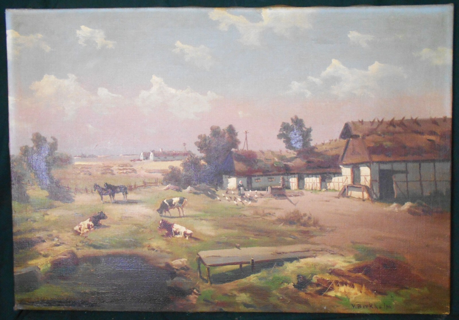 ANTIQUE FOLK ART COUNTRY FARMHOUSE AND ANIMALS OIL PAINTING