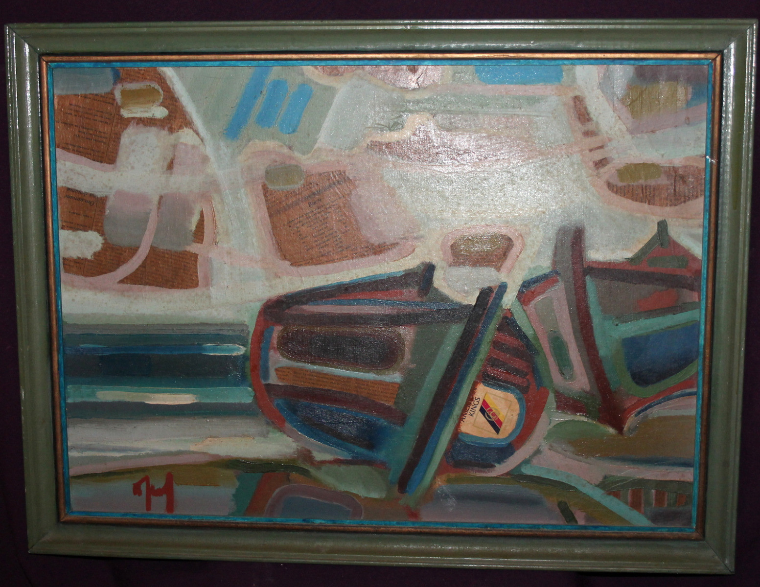 1988 Abstract oil collage painting boat seascape signed