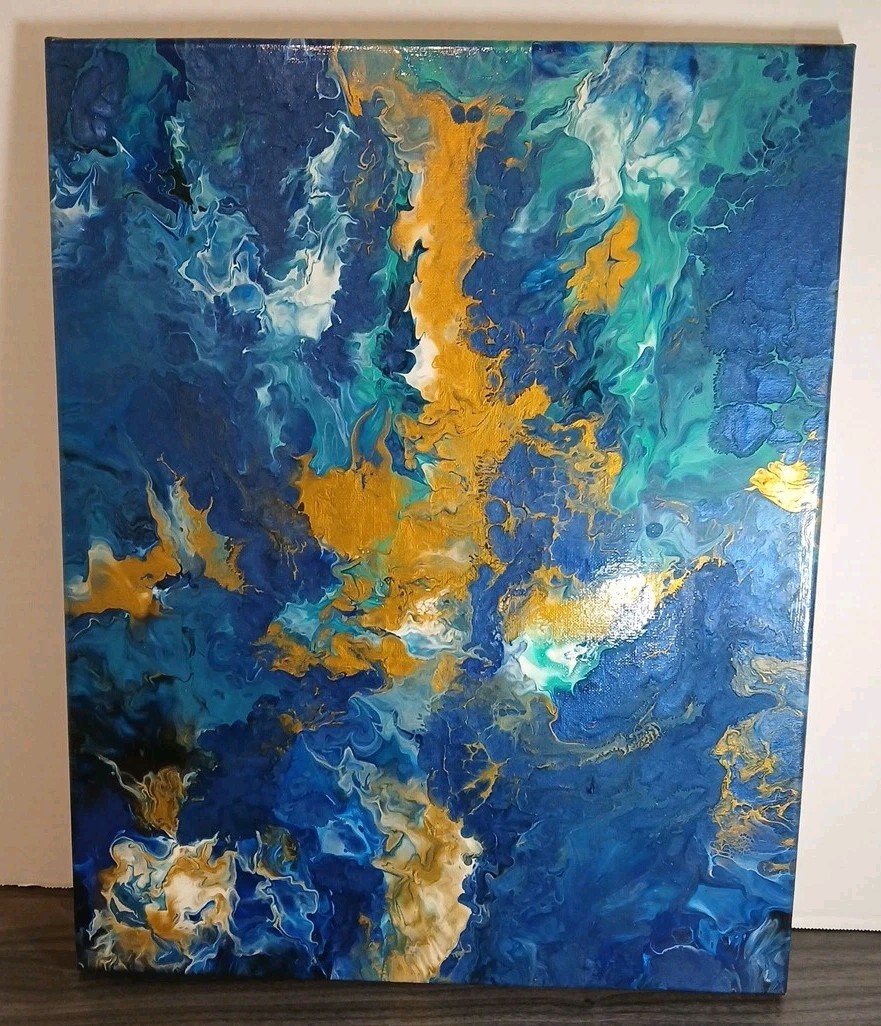 Acrylic Pour Painting Abstract Blues Black Gold White 14×20 Unframed OOAK