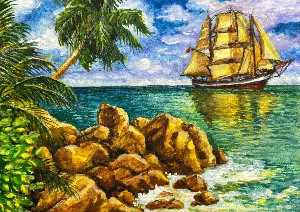 Watercolor Painting Seascape Sailboat Palm Tree Tropical Nature ACEO Art