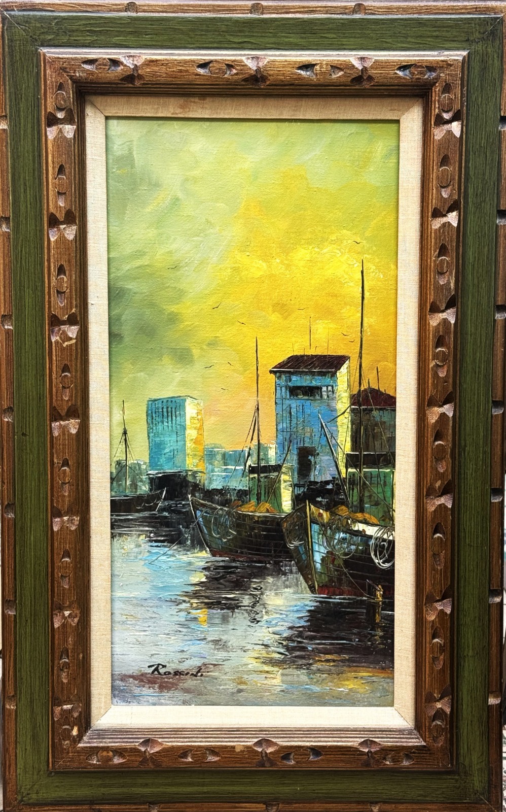 Francesco Rossini (Italian), VTG Mid-20 C Orig. Textured Harbor Scene O/C Signed