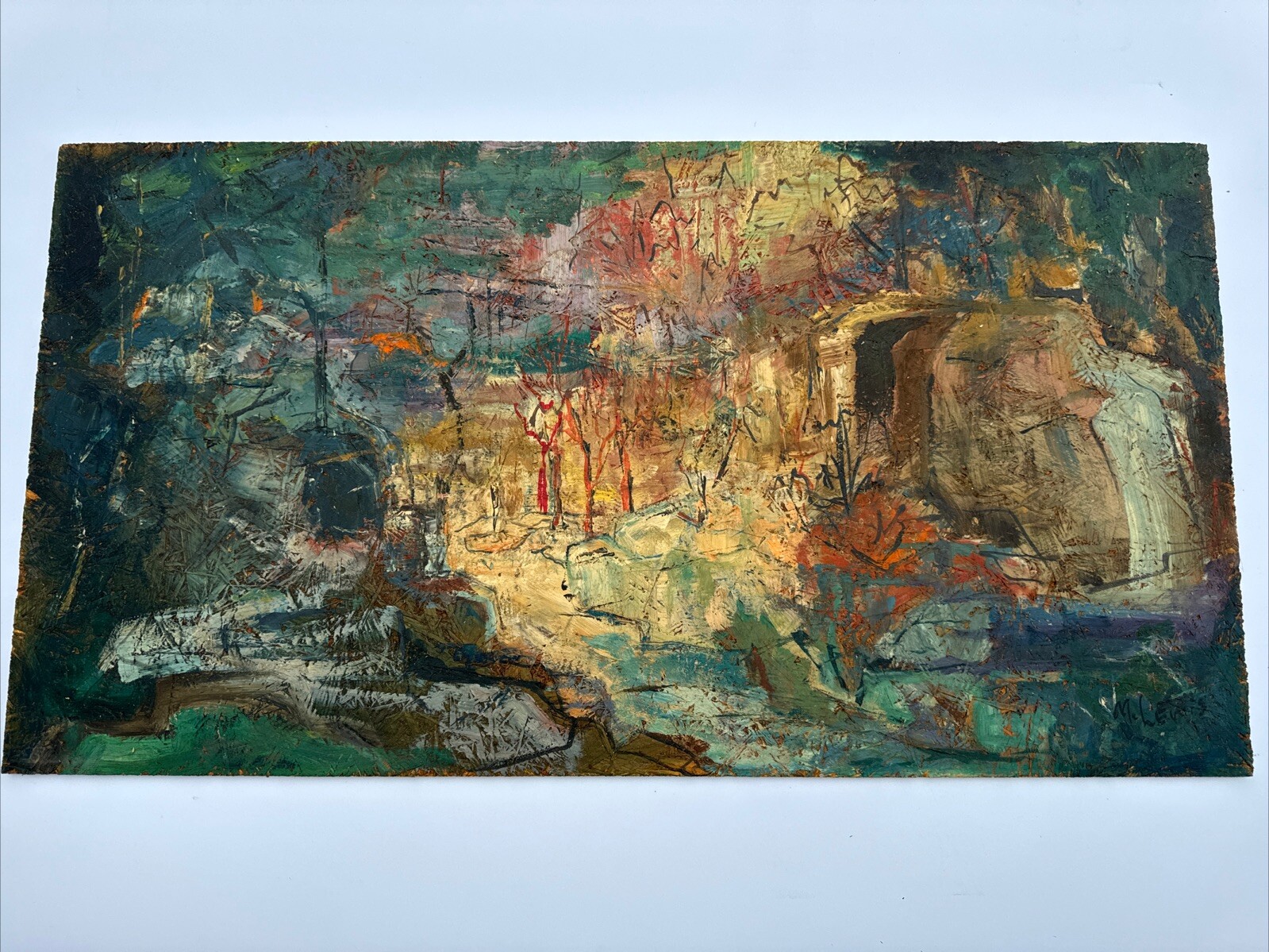 MID CENTURY ABSTRACT PAINTING SIGNED LEWIS 1950’S EXPRESSIONIST LANDSCAPE OIL