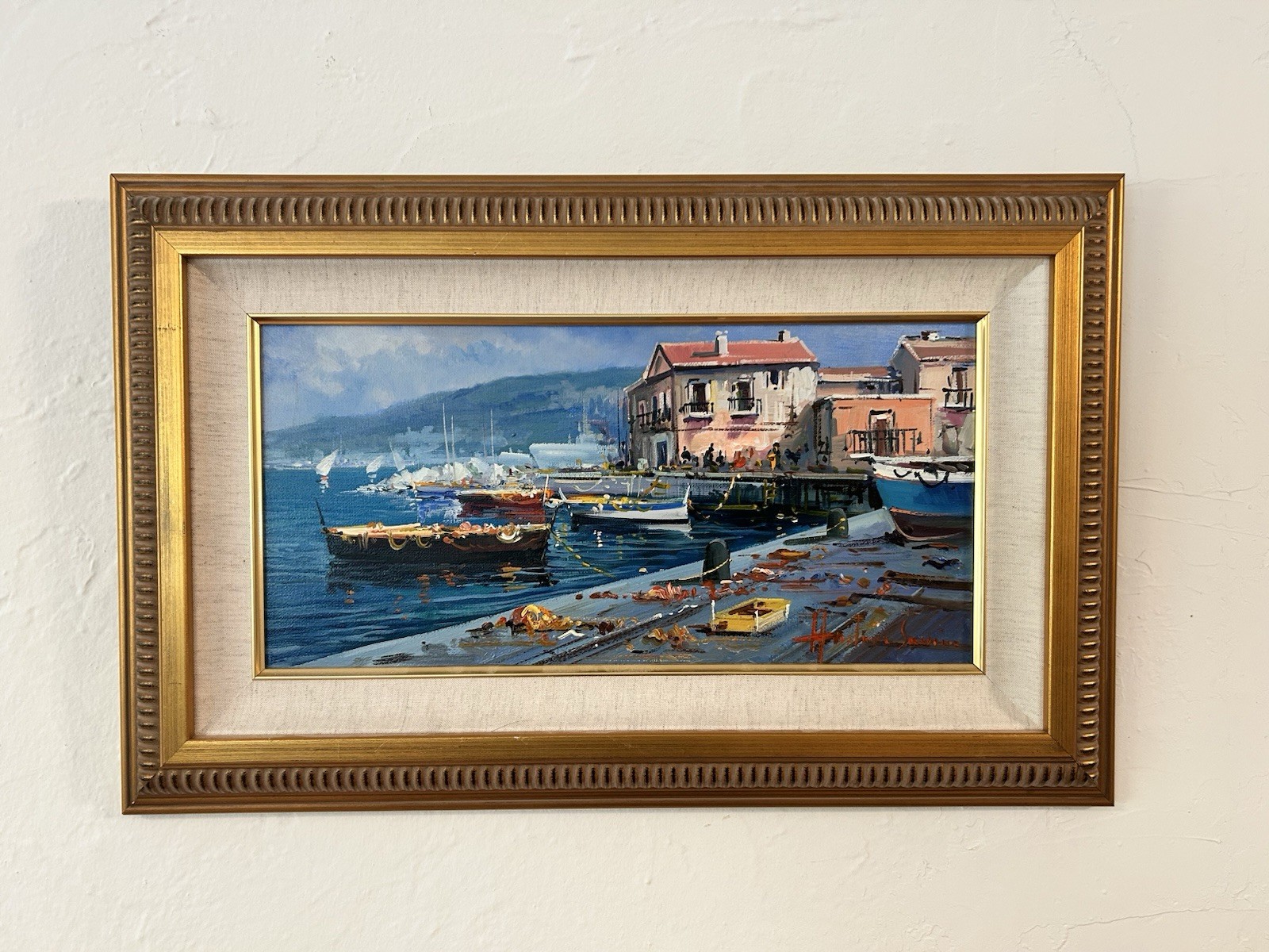 VTG Italy Mediterranean Port Oil Painting on Canvas Signed Artist Andrea Savino