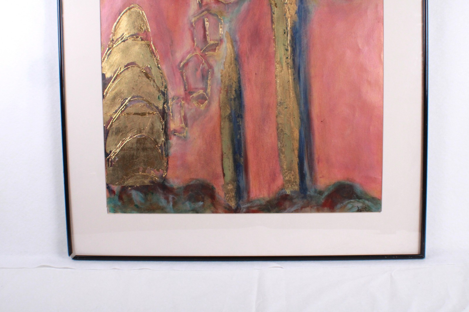 Mid Century Red And Gold Abstract Mixed Media Painting Signed Nail