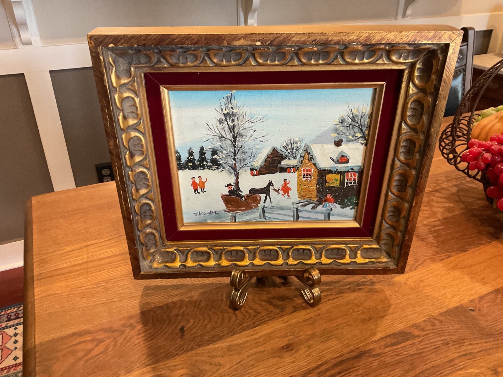 ARTIST SIGNED OIL ON BOARD FOLK ART WINTER SCENE ORNATE CARVED GILT WOOD FRAME