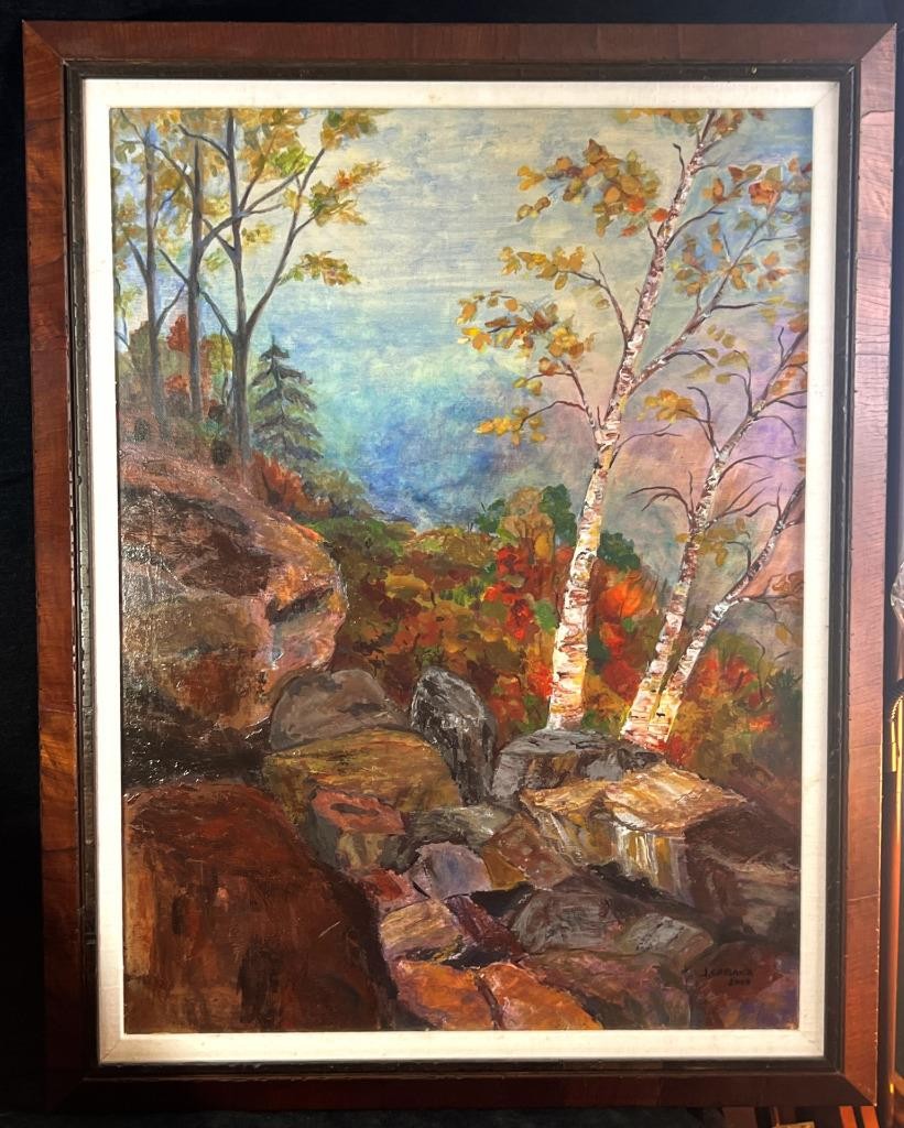 Vintage Oil Painting American Landscape Birch Trees Mountain Rocks Artist Signed