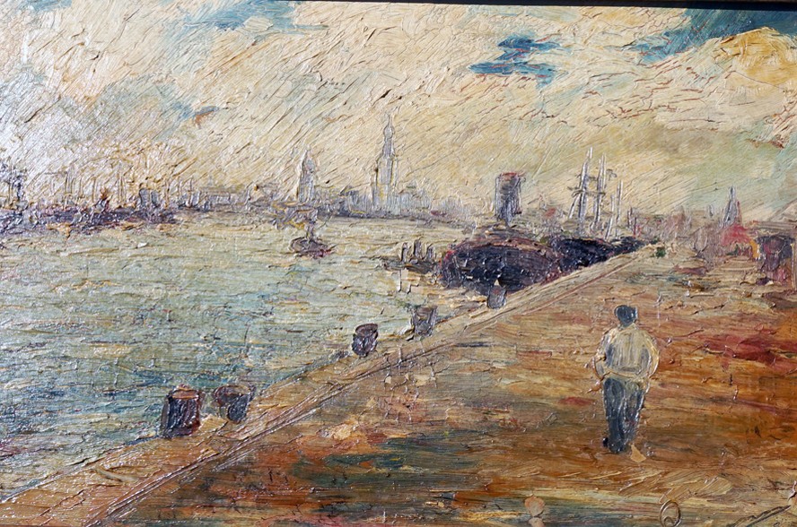 Post Impressionist Harbor Scene Landscape Oil Painting 20thC. Signed Illegible.