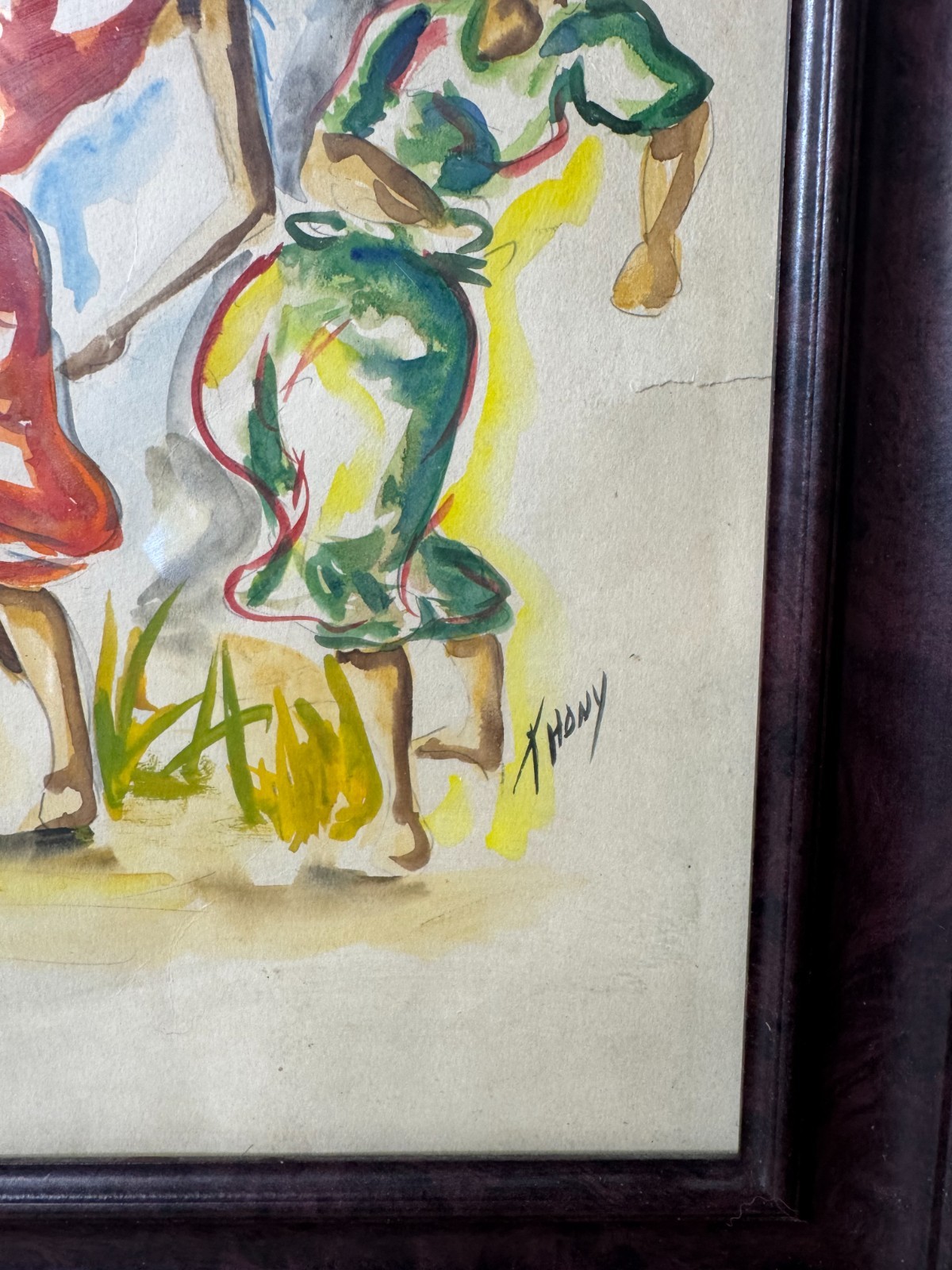 Vintage T Hony «Figures Dancing Scene» Watercolor Painting – Signed And Framed