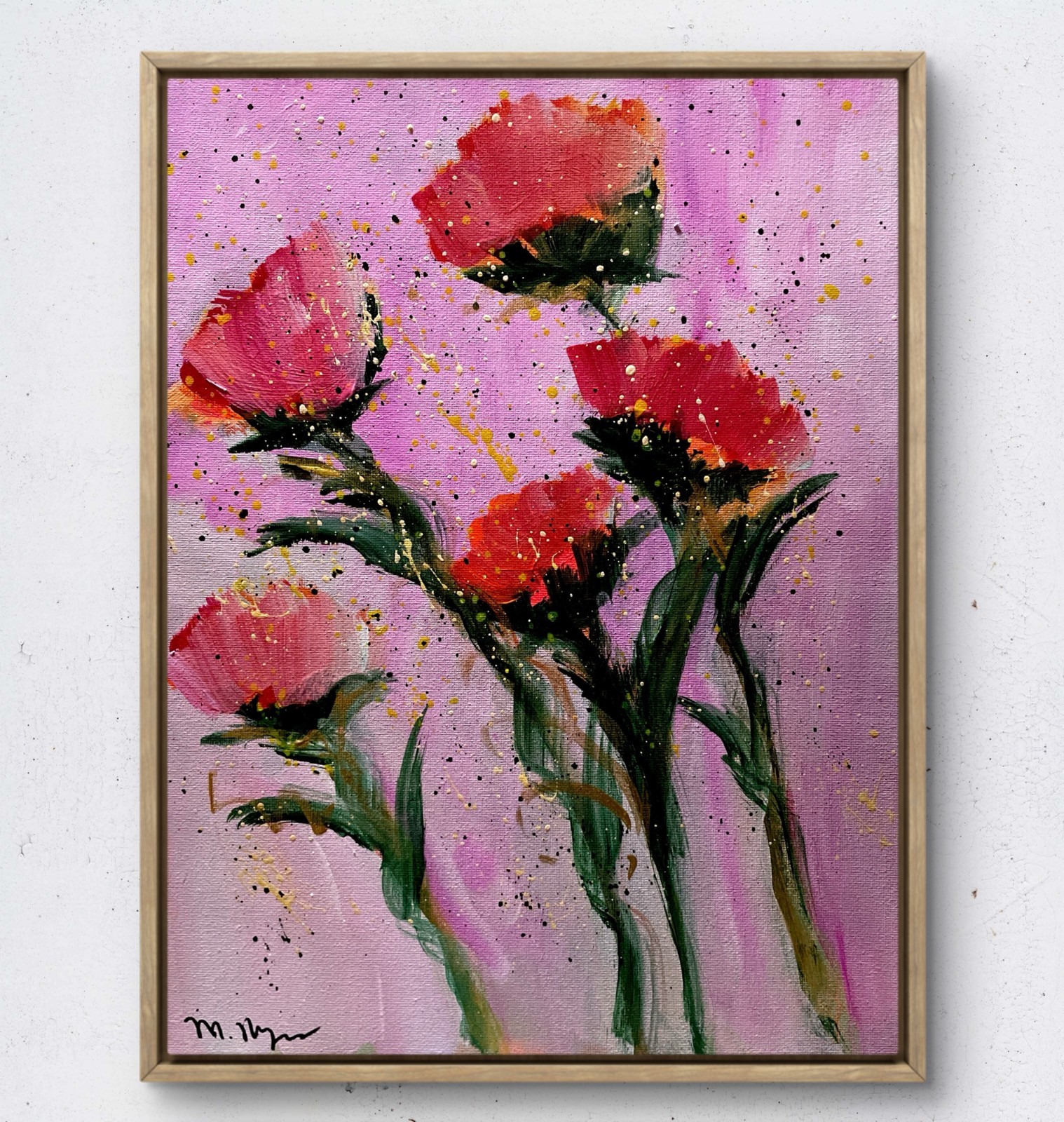 Hand-Painted Original Acrylic Pink Poppies Flora 11×14 Textured Art Signed