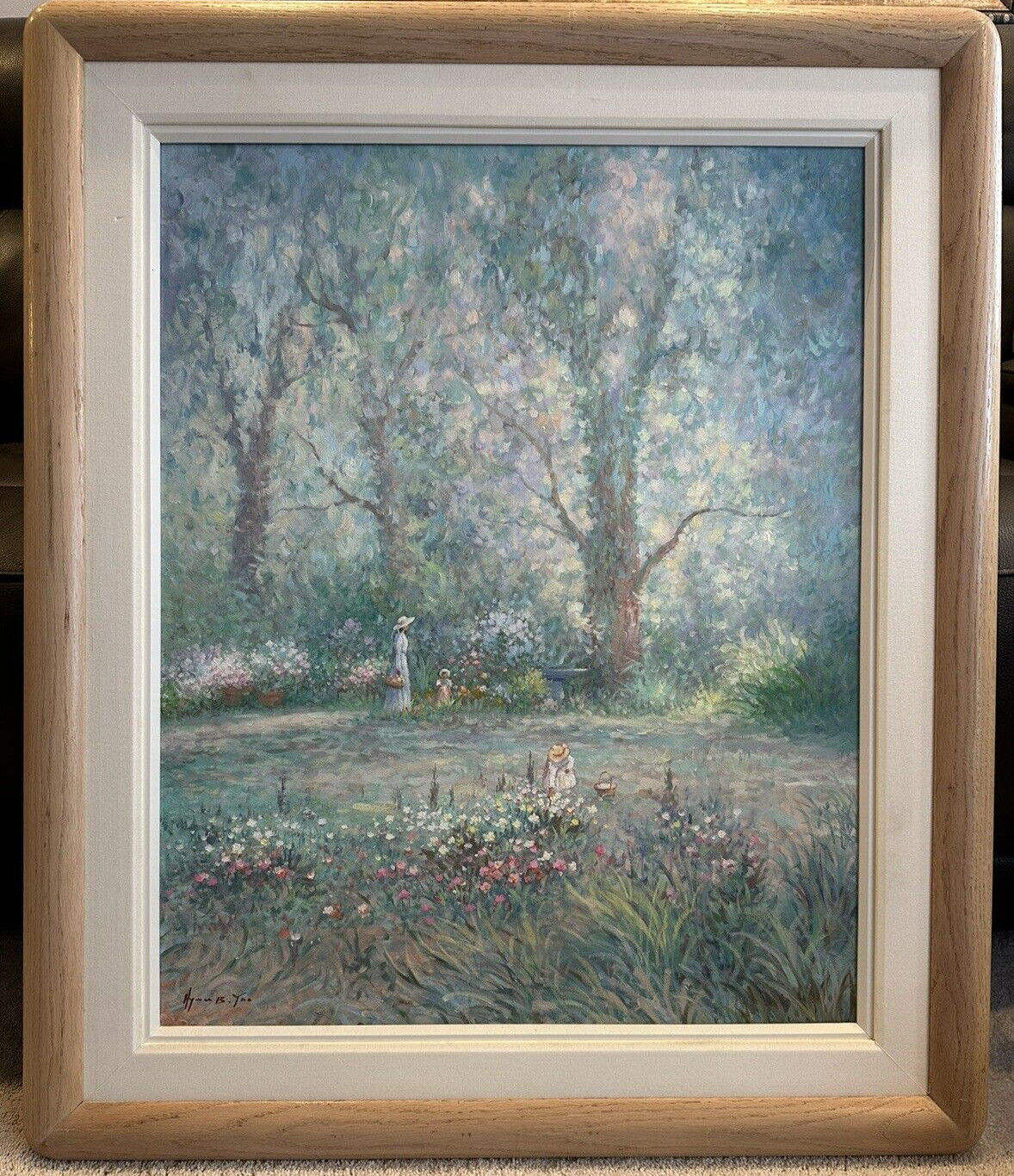 Hyun Bo Yoo «Mother & Child in Flower Garden» Framed Vtg Oil Painting Signed 38″
