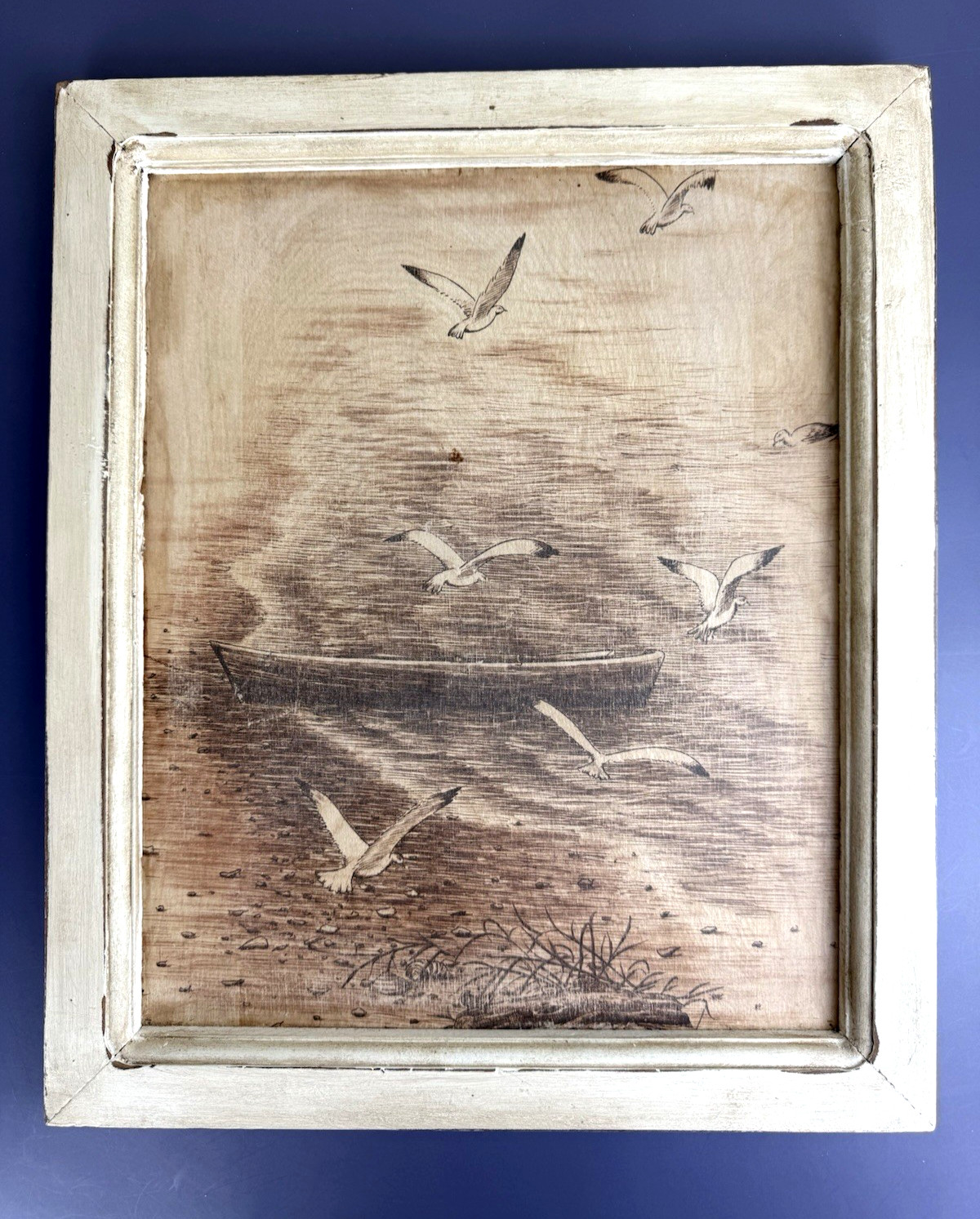 Vintage Wood Burned Pyrography Coastal Art Seagulls Rowboat Framed 16″H X13″W