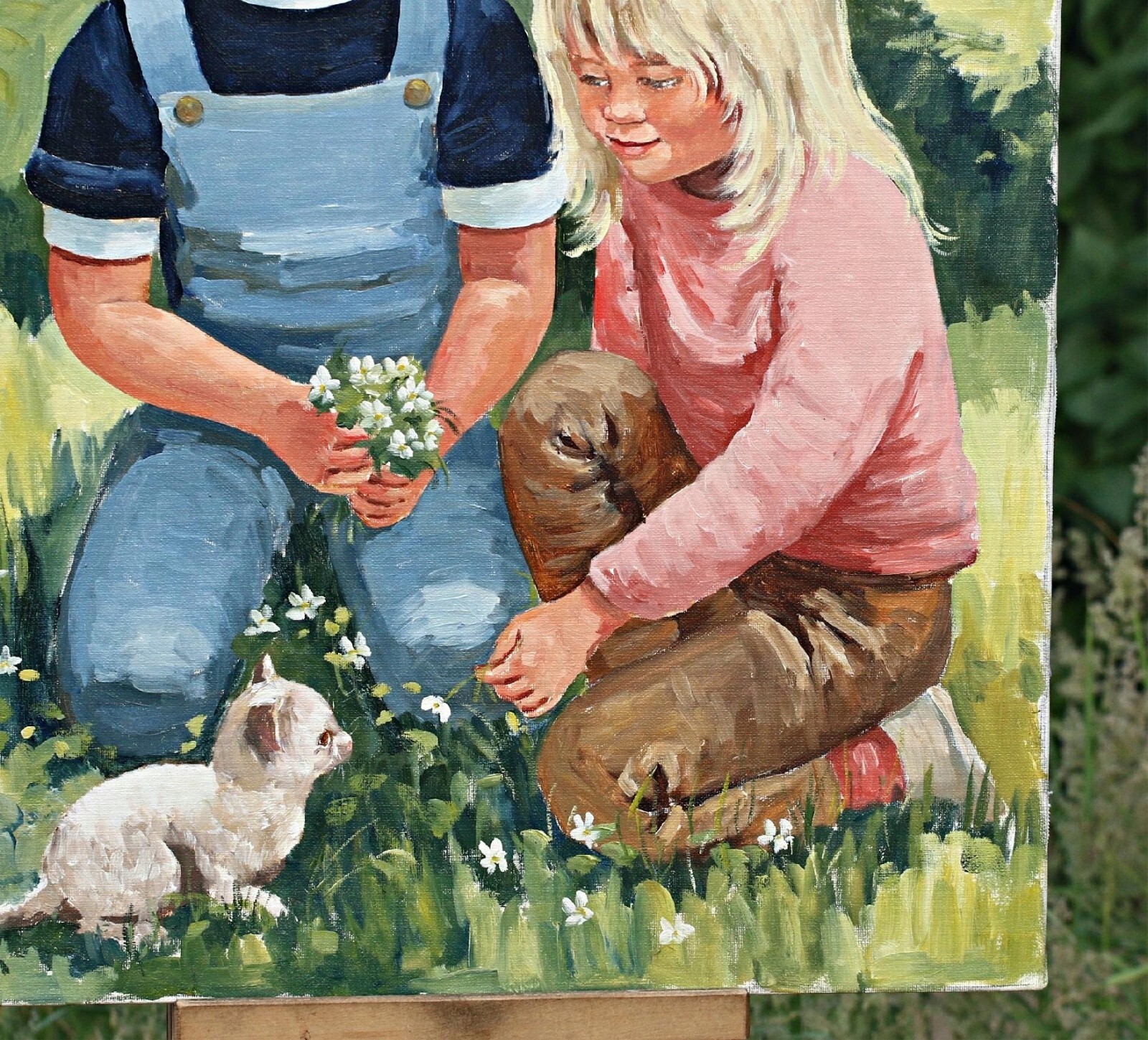 Monica Smetana (1932) – Children With Kittens in Garden Oil Painting Signed