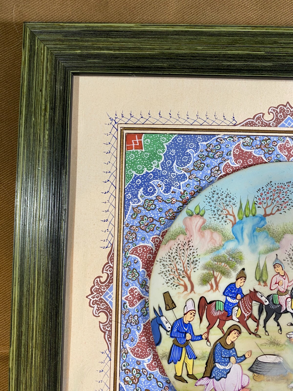 «Persian Figures Scene» Gouache On Bone & Paper Painting With Decorated Matte