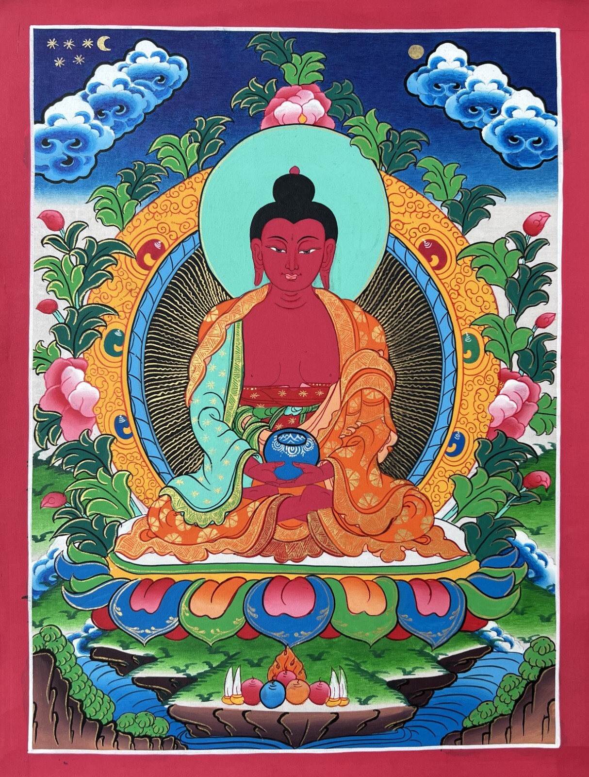 ORIGINAL HAND-PAINTED AMITABHA PURE LAND BUDDHA TIBETAN THANGKA PAINTING