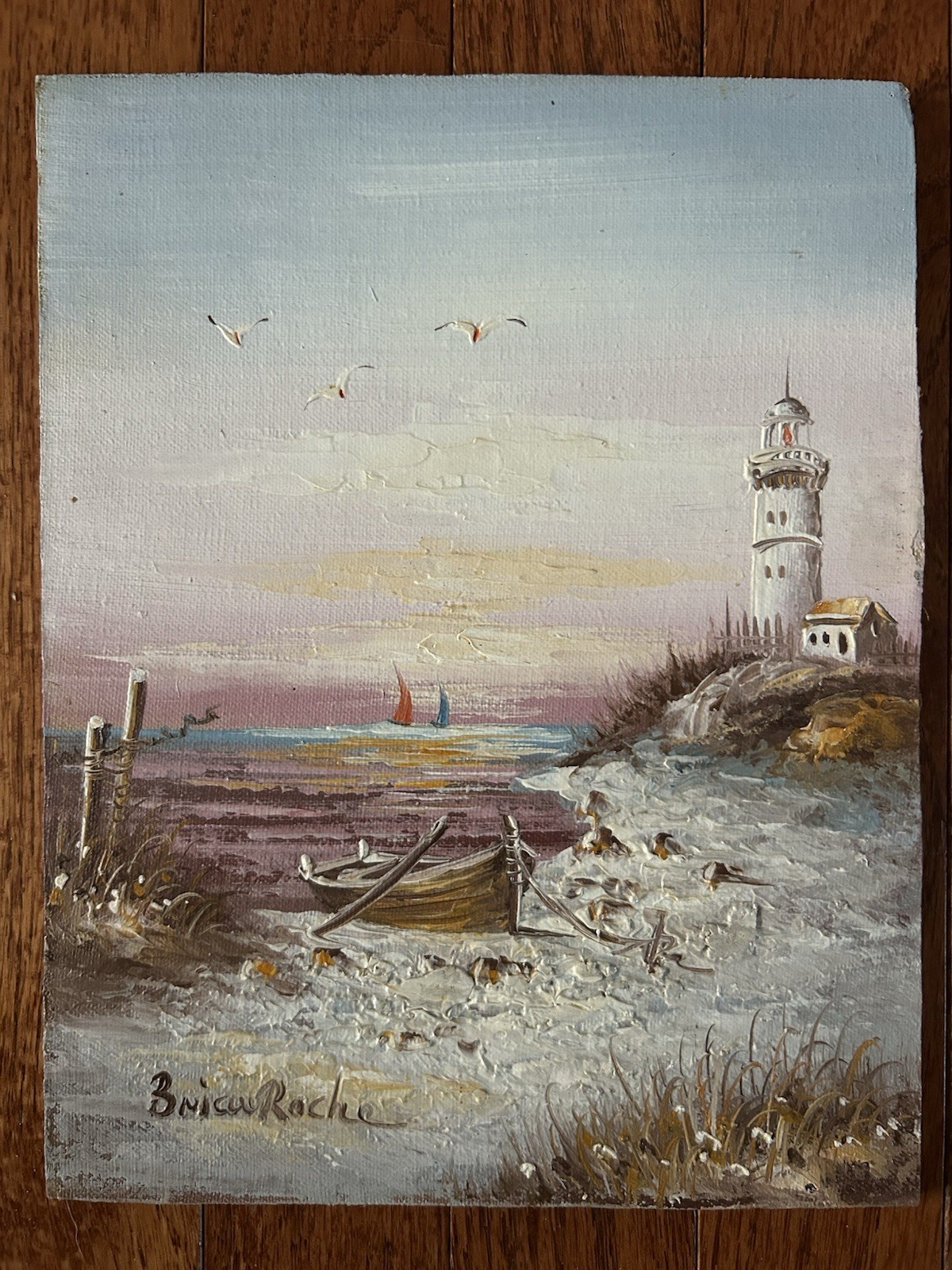 Vintage Beach Seascape Oil Painting With Lighthouse & Sailboats 8 X 10”