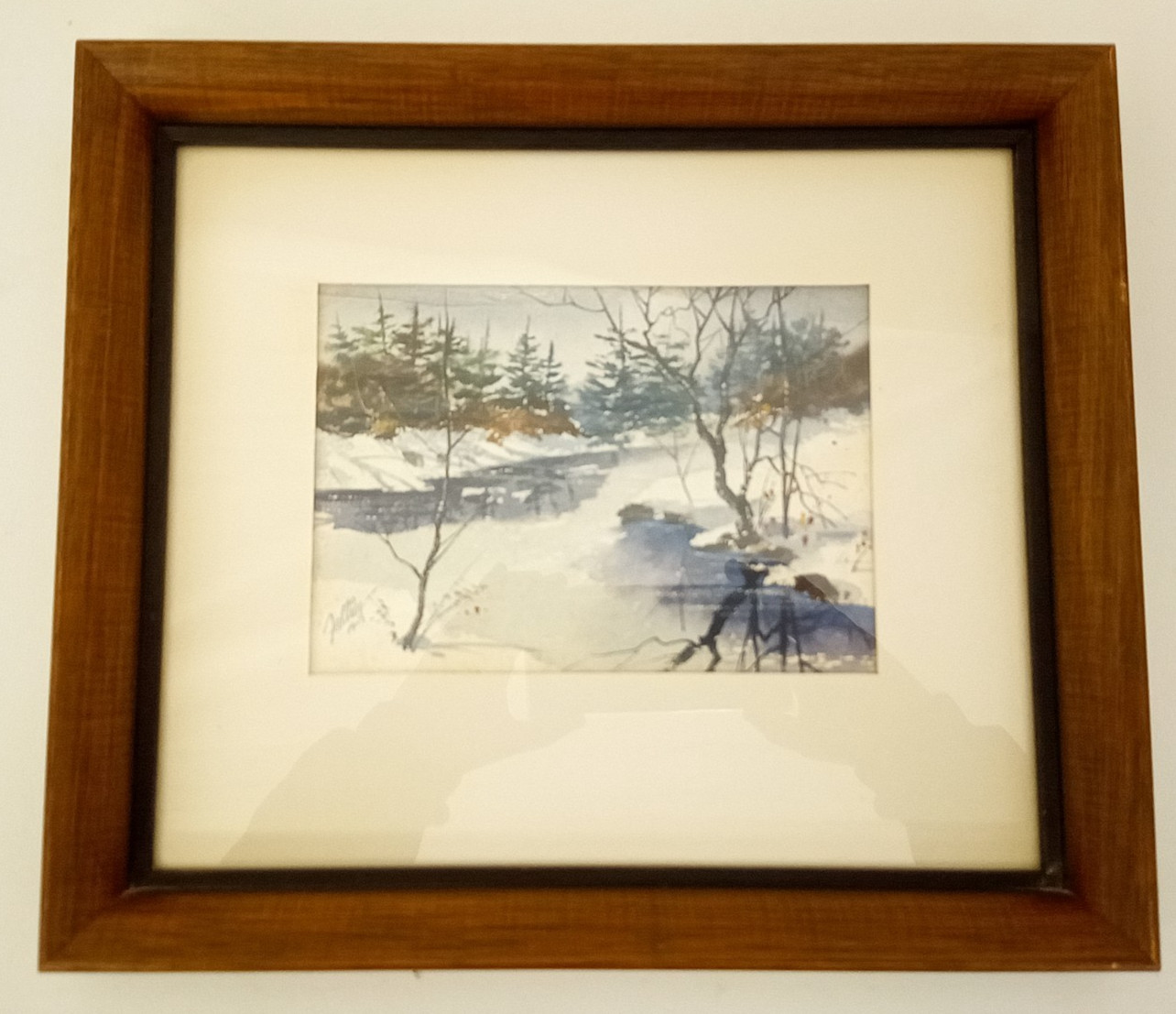 Vintage watercolor painting snow river winter scene Kansas Jim Fallier listed