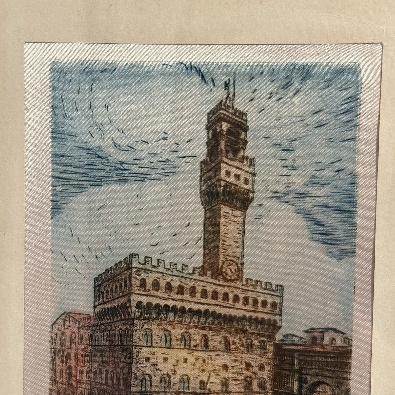 Vintage Silk Hand-Painted Palazzo Vecchio Italy Fortress Small Italian 8 x 10