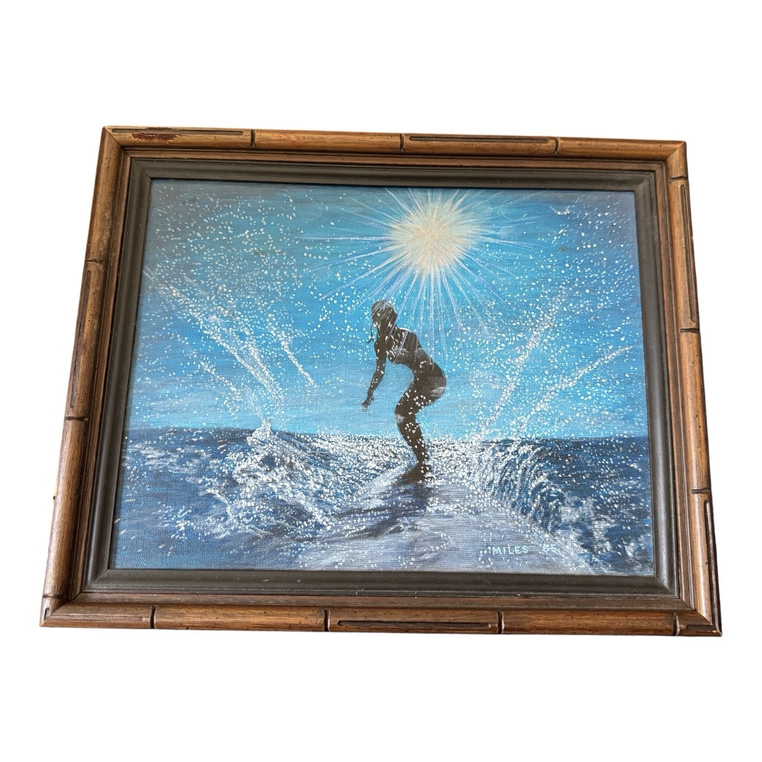 Original Surfing Painting Signed Miles Framed Ocean Wave Surfer Coastal Art