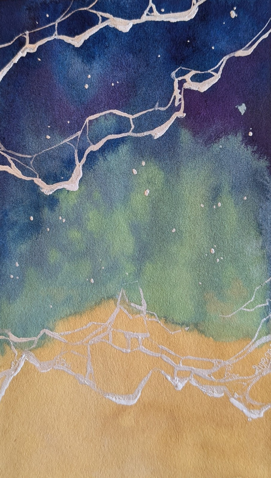 Original Watercolor Painting Abstract Night Sky Stars Blue Green Yellow Unframed