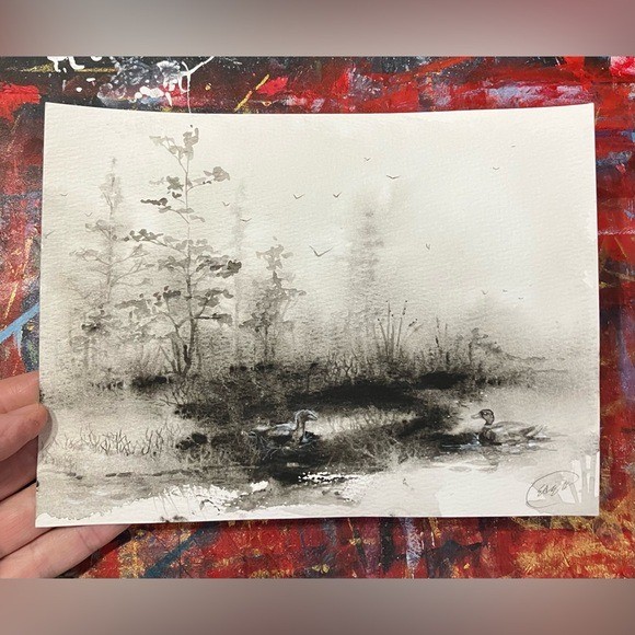 Landscape Original Ducks Painting Marsh Fog Art watercolor mix signed by artist