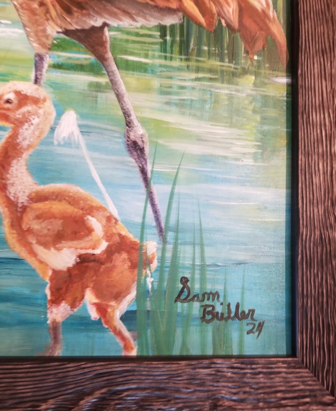 Florida Sandhill Cranes Acrylic Remarked Giclee 16″x20″ Framed & Wall Ready
