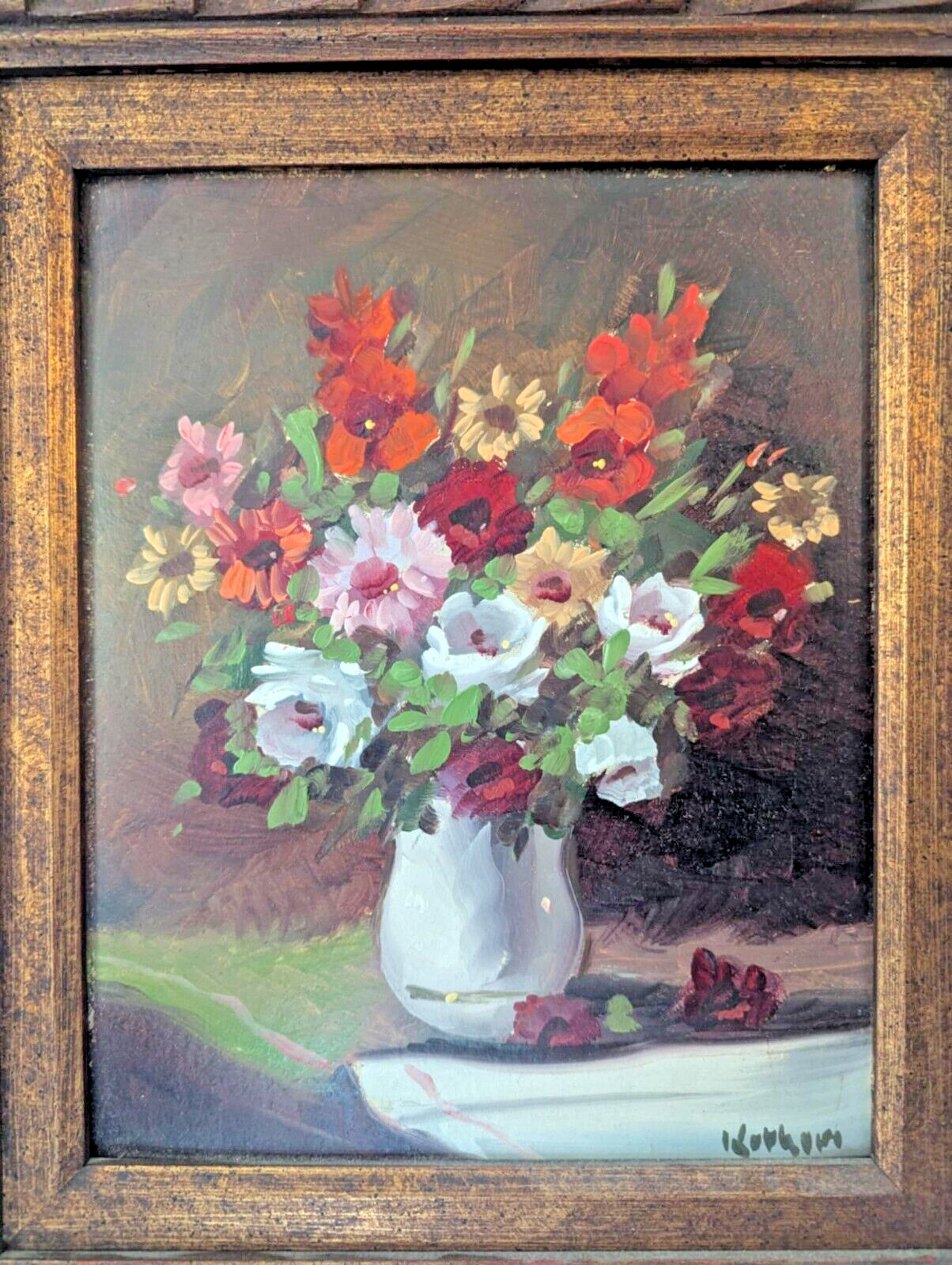 Vtg Oil Painting – Colorful Flower Bouquet in Vase, Signed, Framed 15×17″