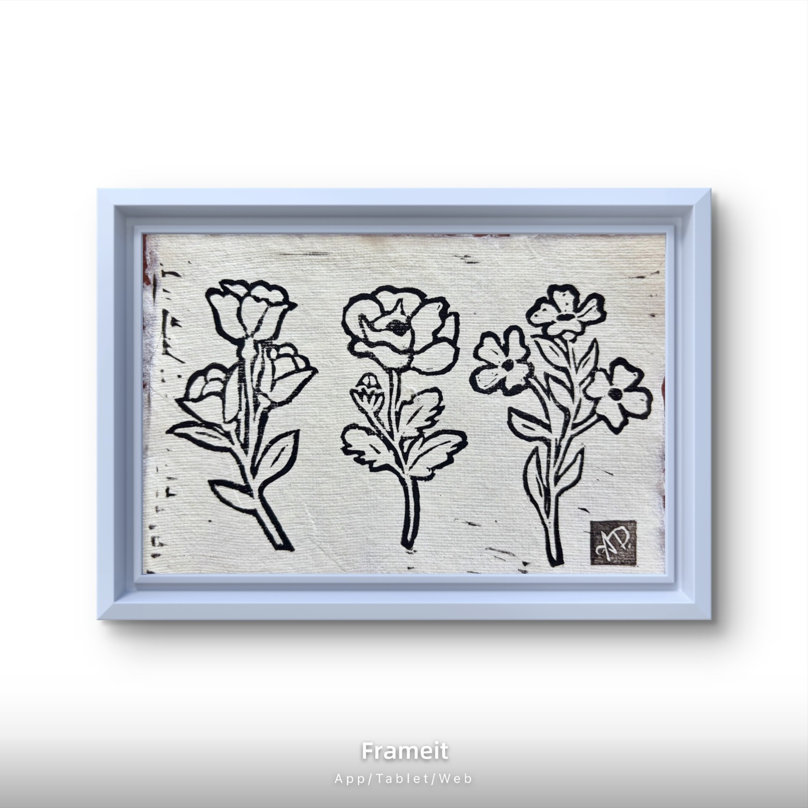 Original B&W Flowers 1 Linocut Hand Printed by Alannah Dyer- Mini Art 4×6 in.