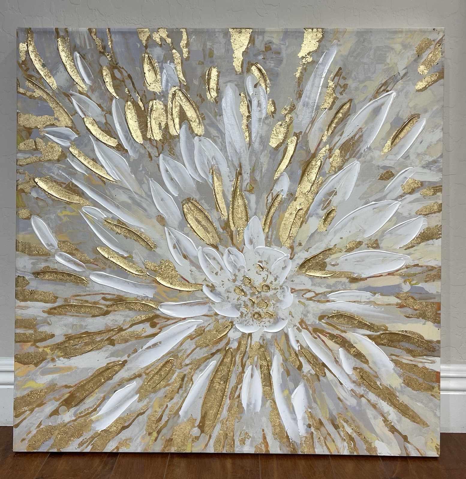 White Gold Abstract Flower Acrylic Painting On Canvas 30 X 30in By Hobby Lobby