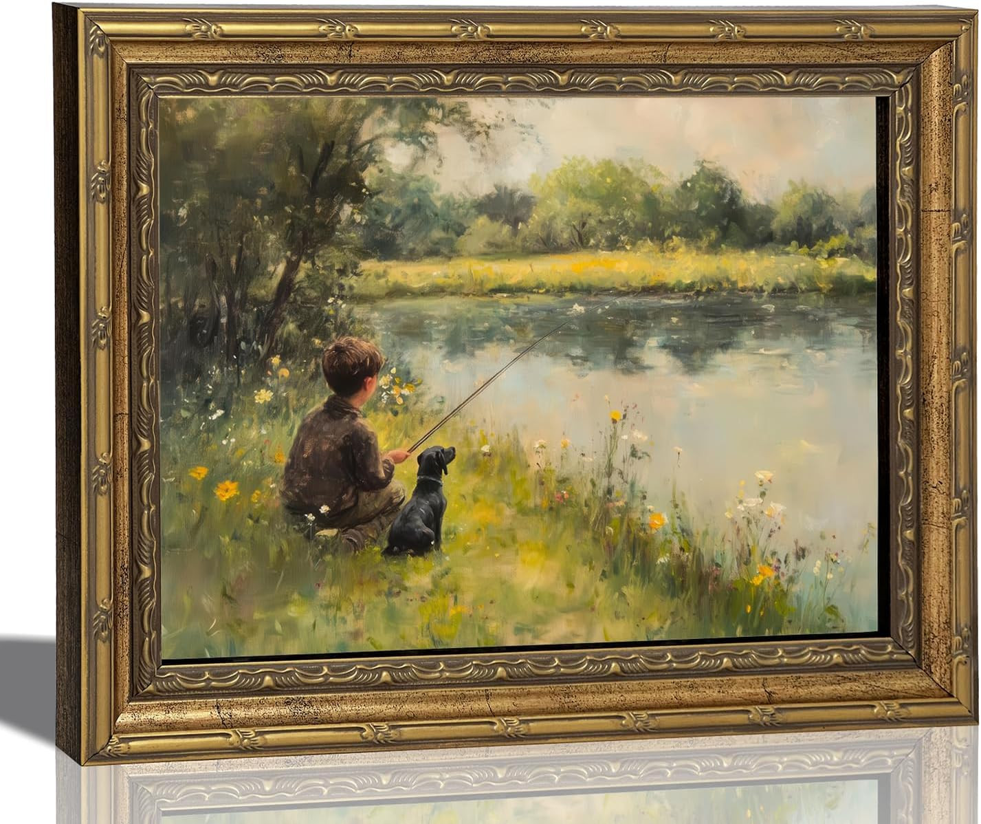 Vintage Gold Framed Wall Art Boy Fishing Country Painting Picture Peaceful Lake