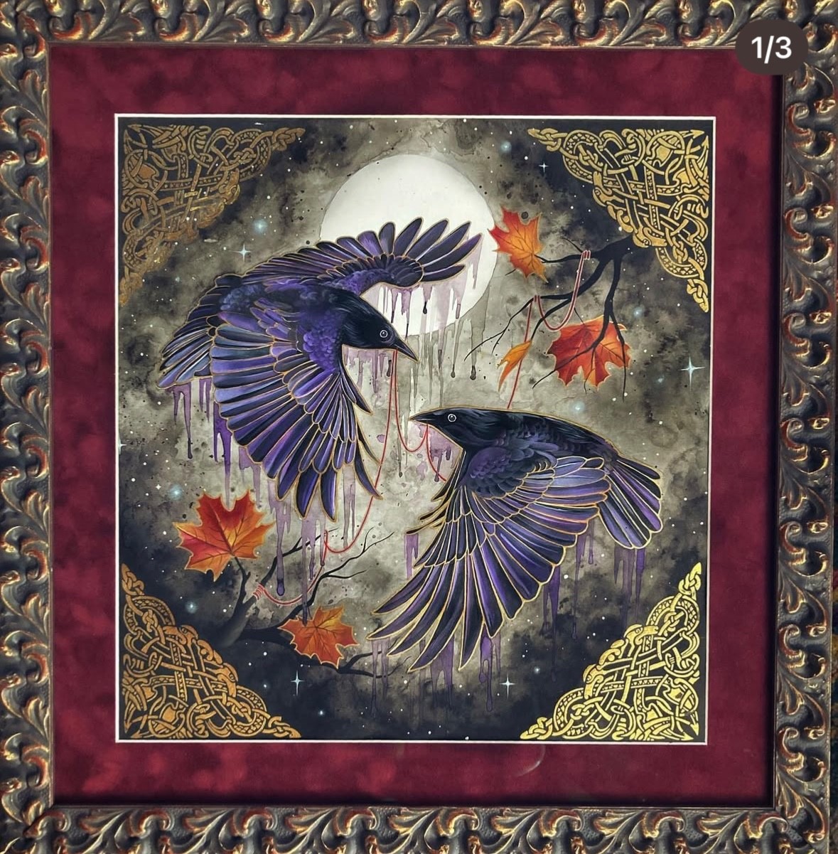 Original framed Huginn and Muninn acrylic and watercolor painting, Ravens Nordic