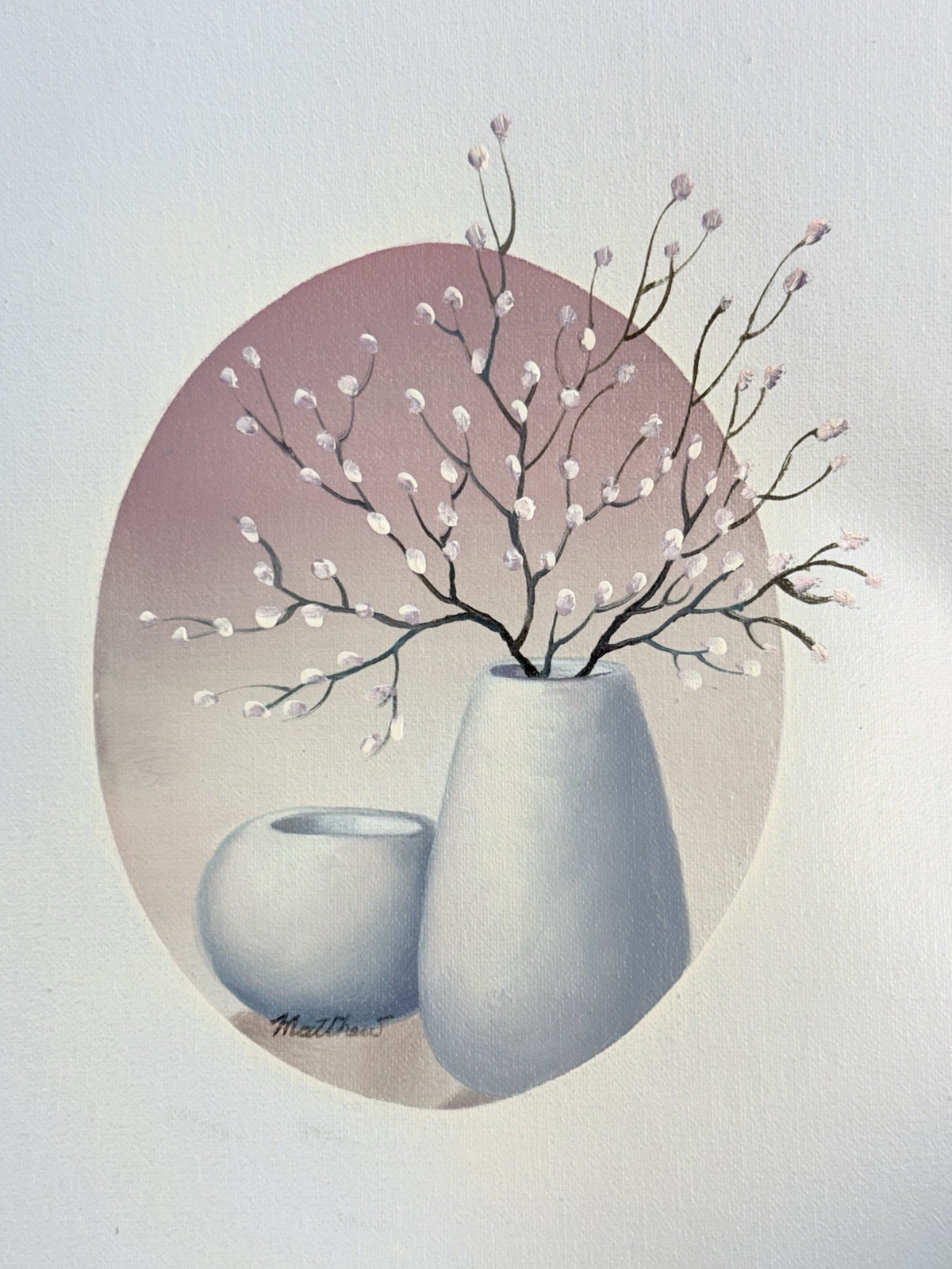 Still Floral Painting Pussy Willow In Pots On Canvas Pastel 11.5×13.75 8×10 80s