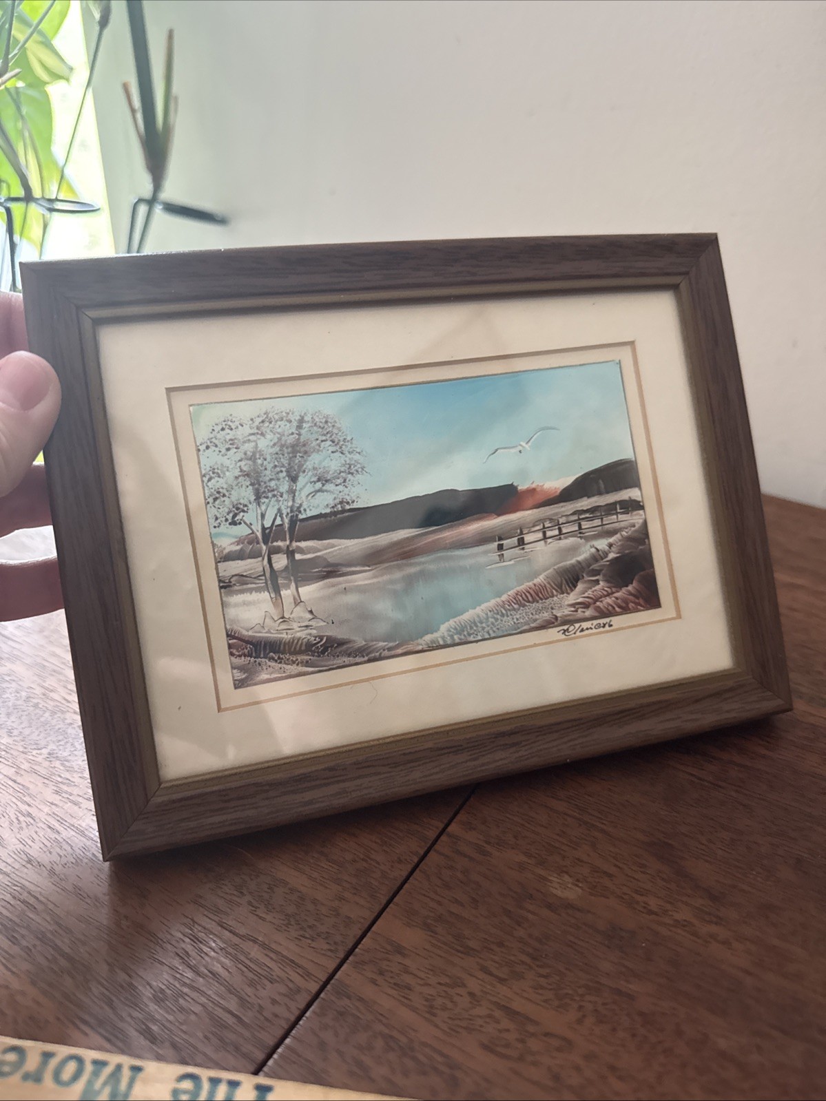 Vintage Watercolor Water Scene Mini Painting Nature Gift Prop Wood Framed 3 x 5