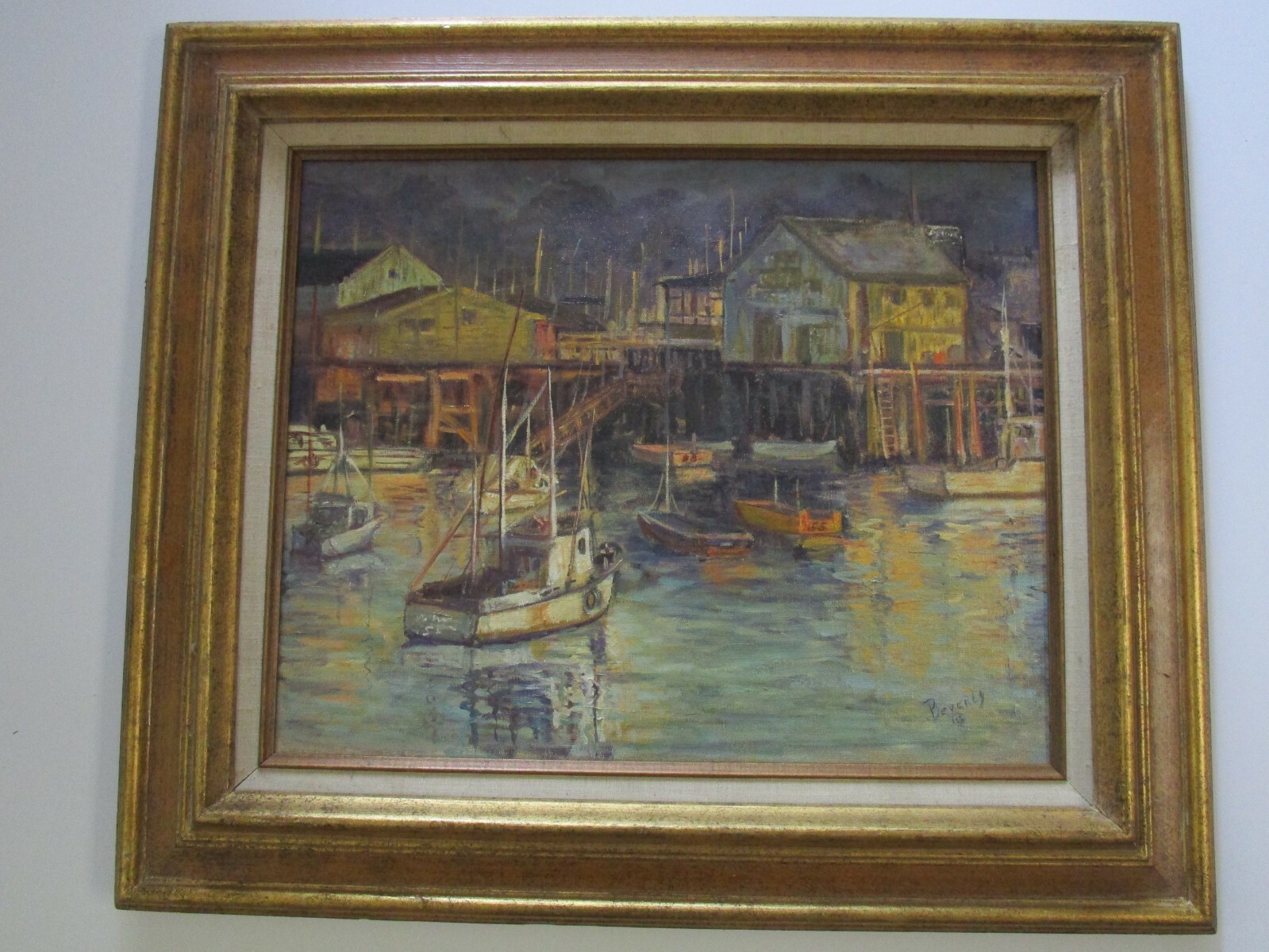 BEVERLY SIGNED PAINTING AMERICAN INDUSTRIAL COASTAL HARBOR MARINA FISHING PORT
