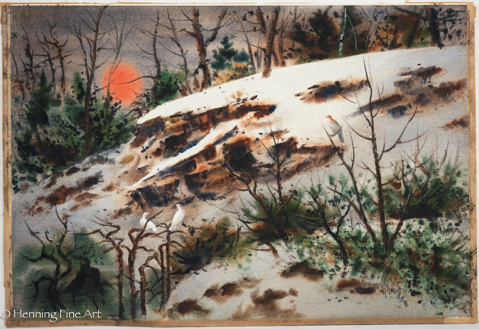 Beautiful Vintage Winter Snowscape at Sunset with Doves by Arthur Barbour, FINE!