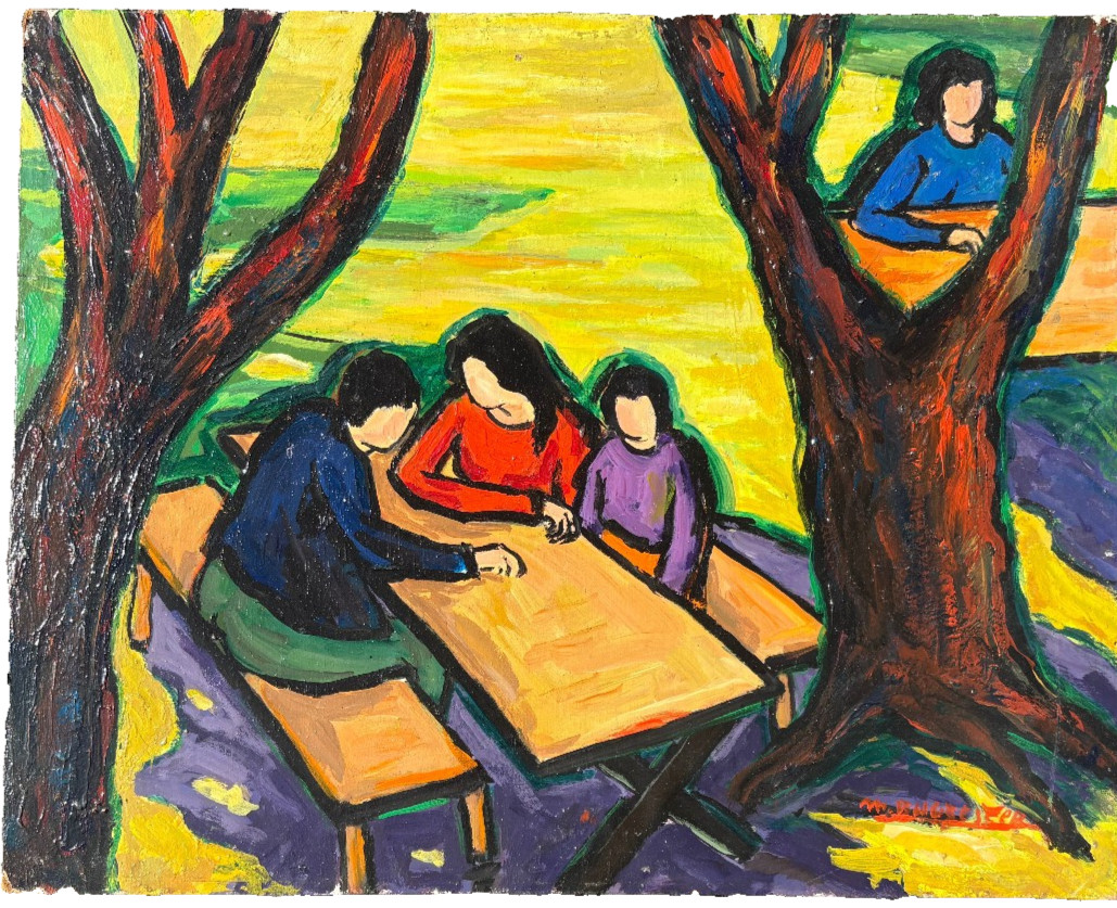 People & Picnic Tables in Park 16 x 20 Oil Painting-1960s70s-Maxim Bugzester