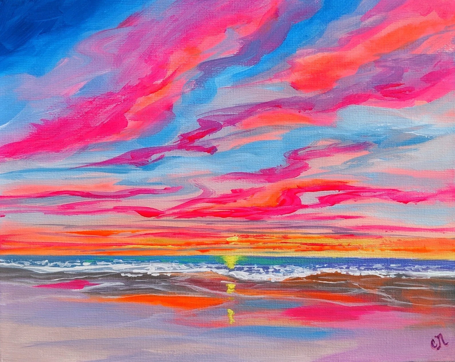 Original Painting on Canvas. Ocean Sunset. Coastal Art. Beach and Sky. OOAK Art