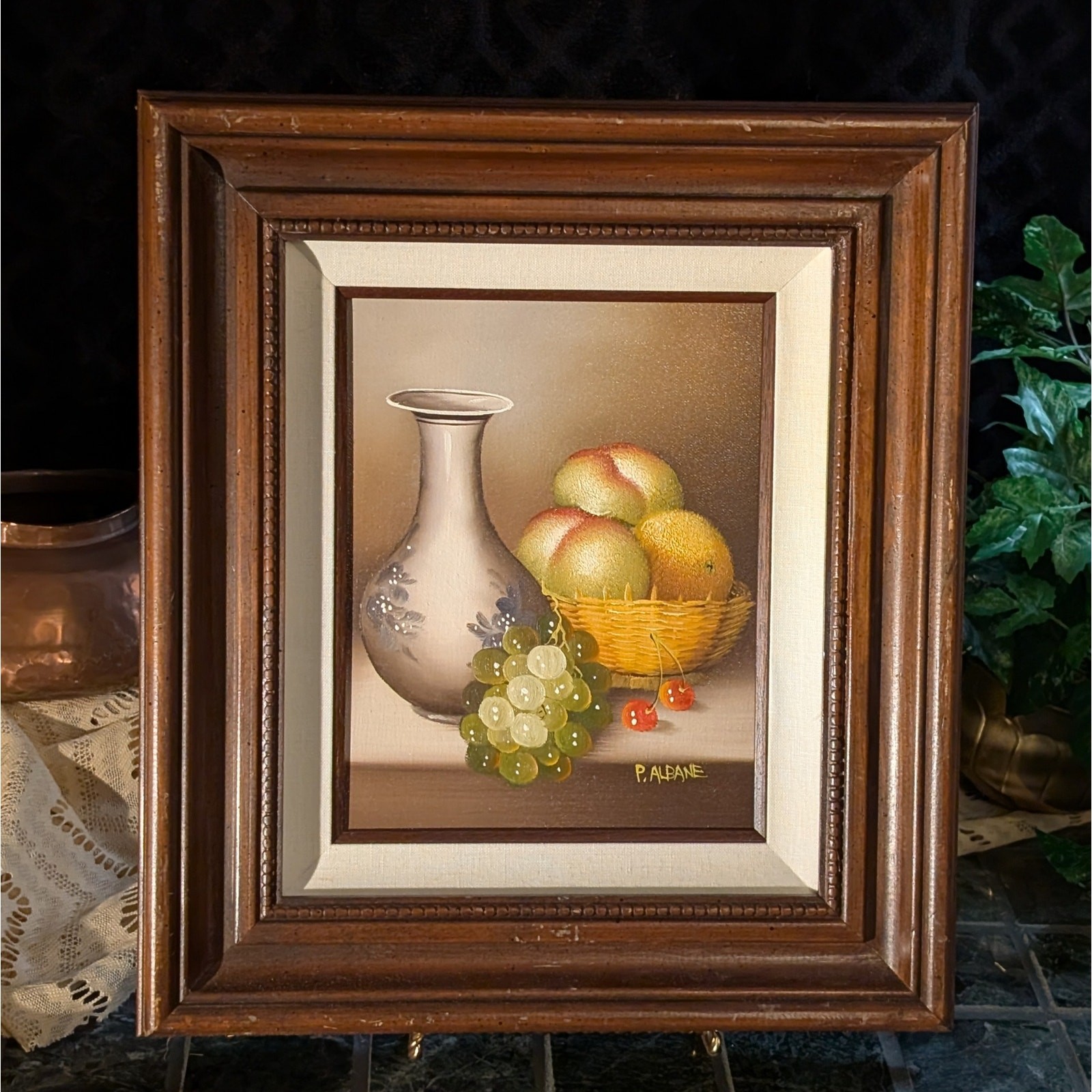 Vintage Framed Still Life Oil Painting 14×16 Fruit Grapes Signed Cottagecore Art