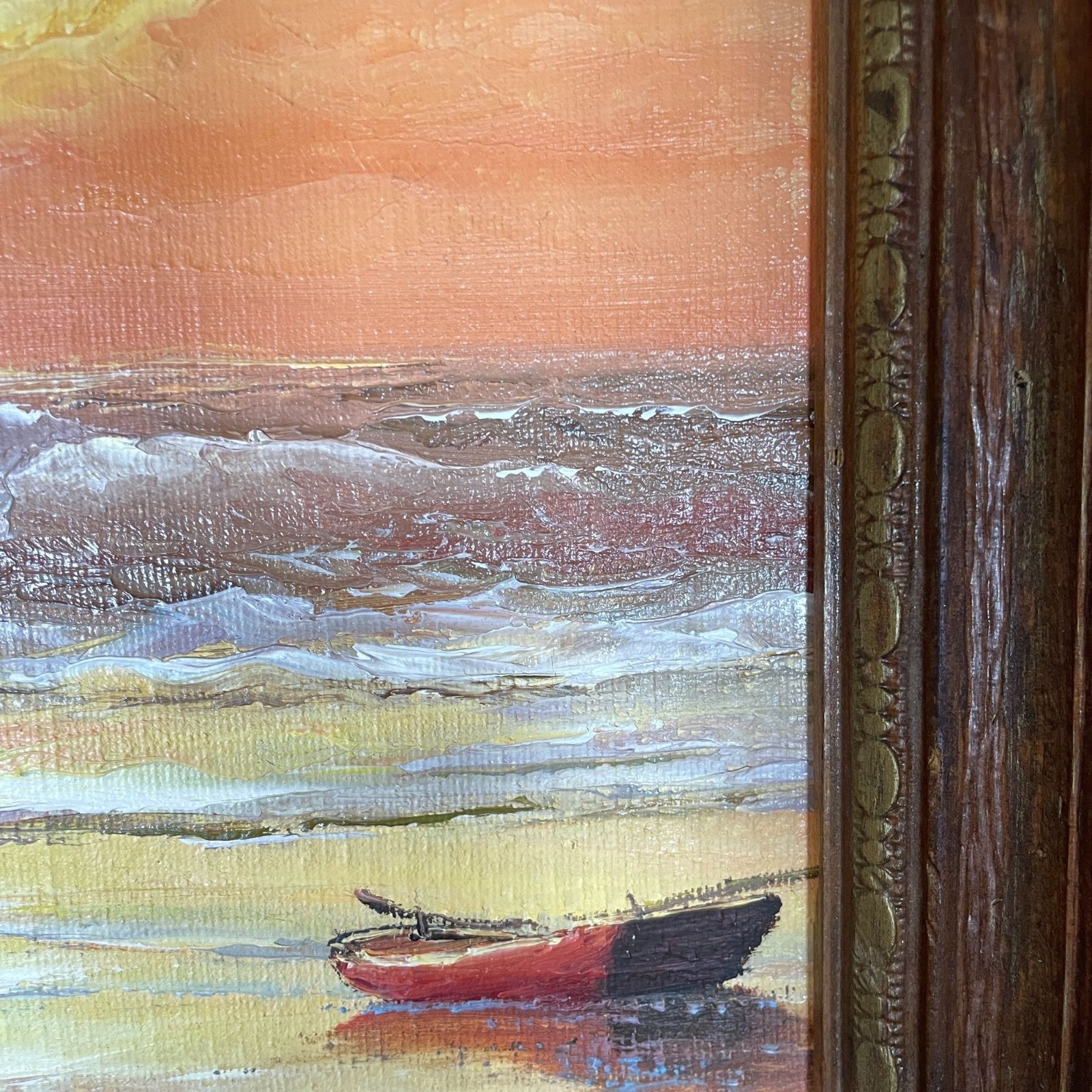 Ocean Waves Crashing on Beach Rocks at Sunset Acrylic on Canvas Framed Signed