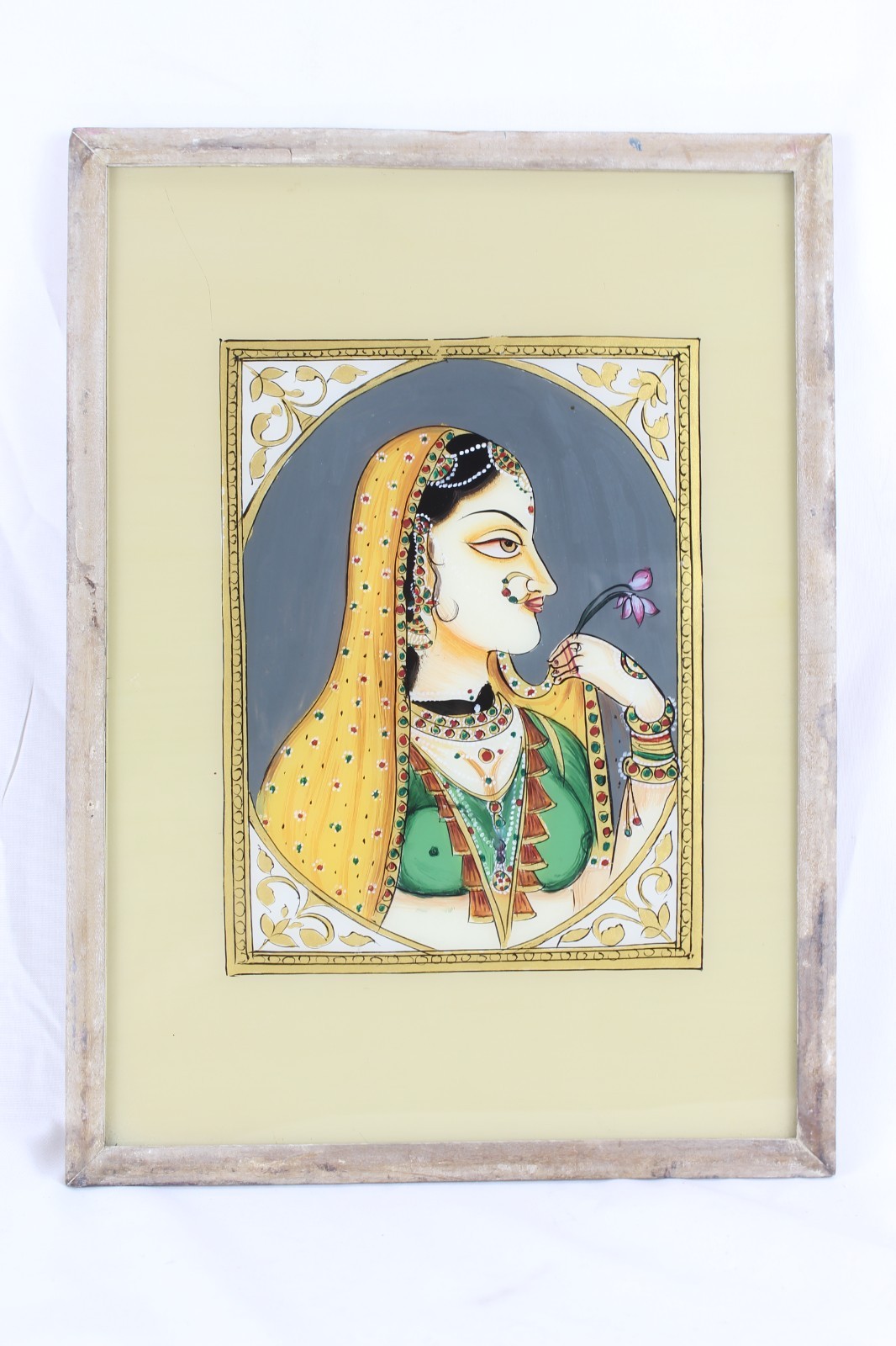 Vintage Indian Miniature Painting Rajasthani Lady Portrait Framed Wall Art Decor