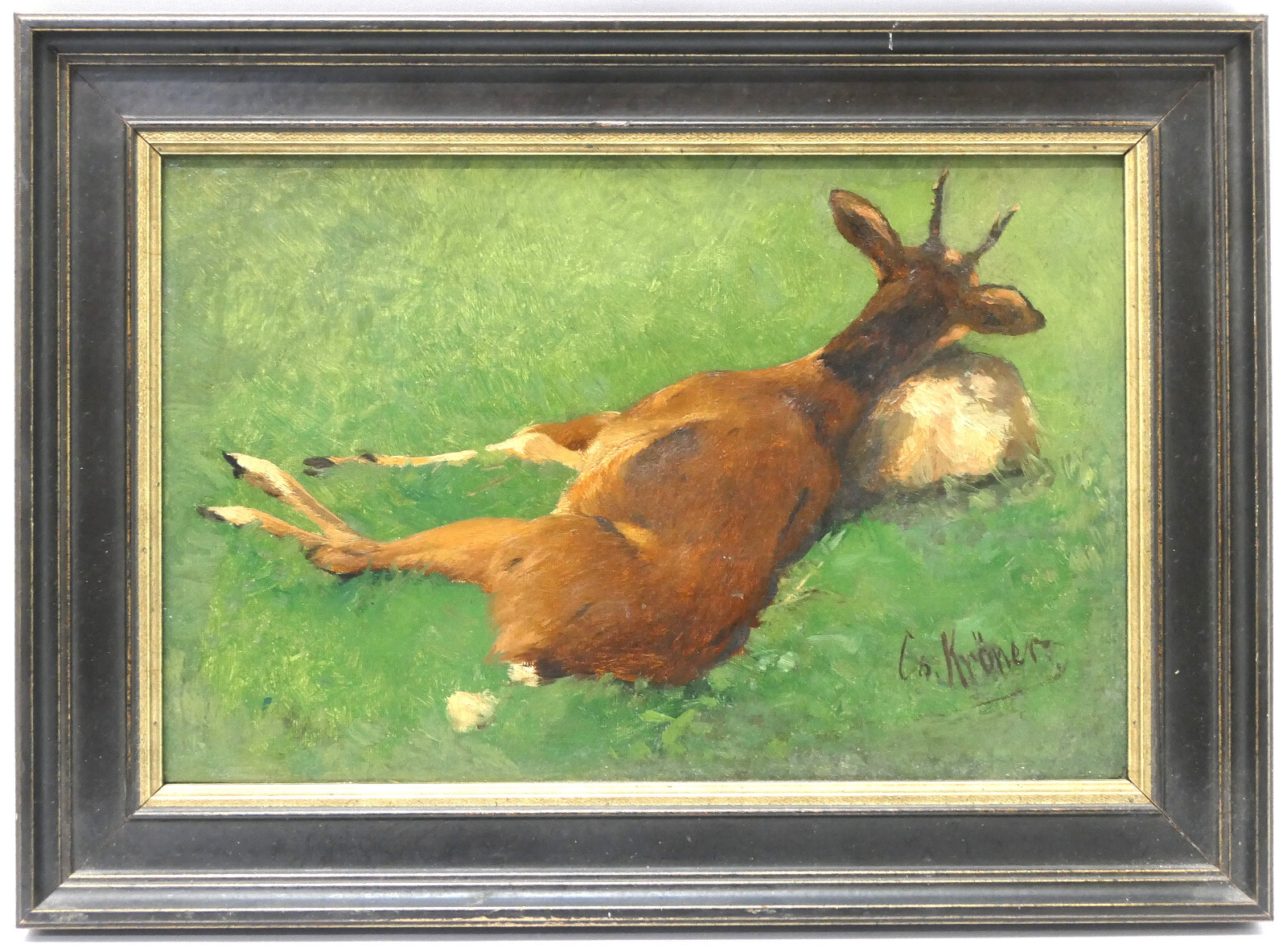 Christian Kröner «Killed Roebuck on Stone» Oil on Canvas 31.5 x 20.5 cm